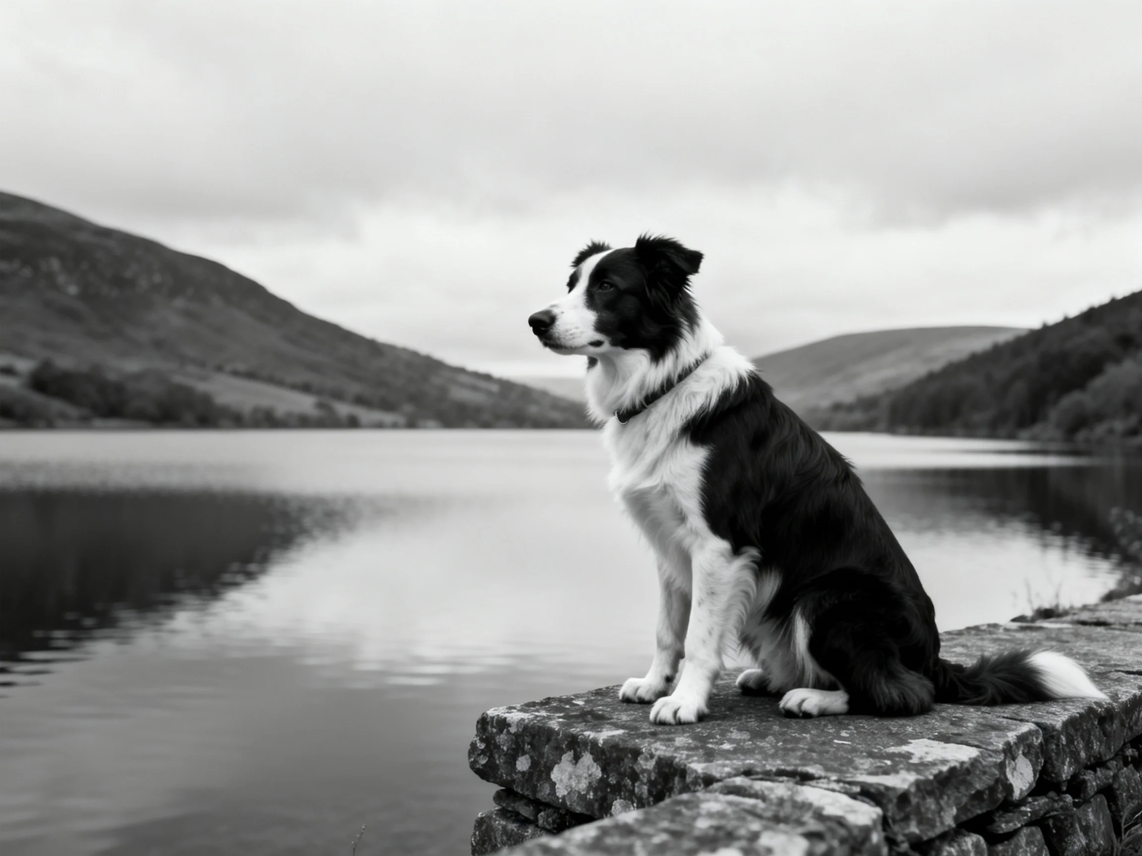 Black - and - white dog sits by calm lake with hills