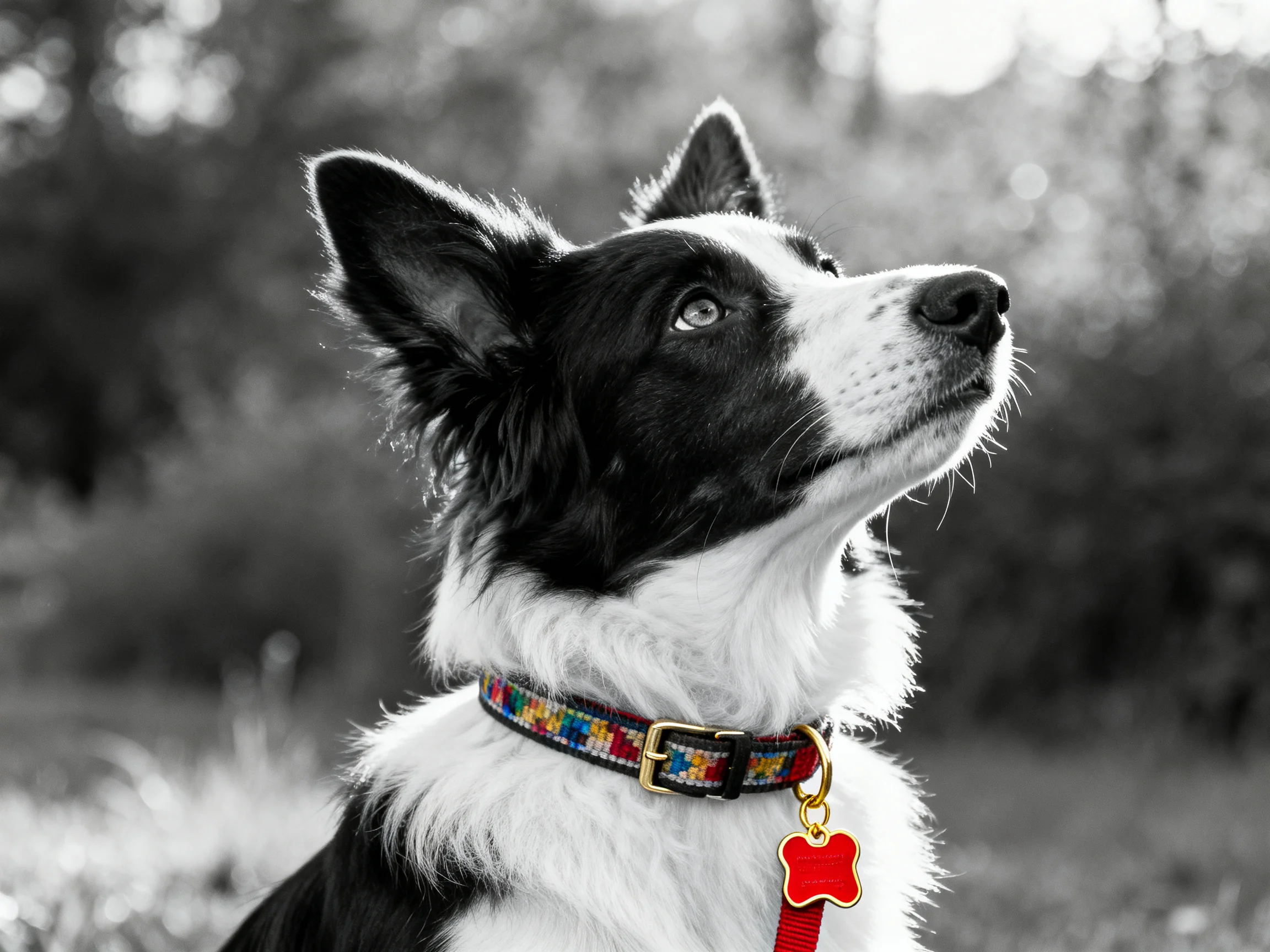 A black - and - white dog with a colorful collar gazes upward outdoors.