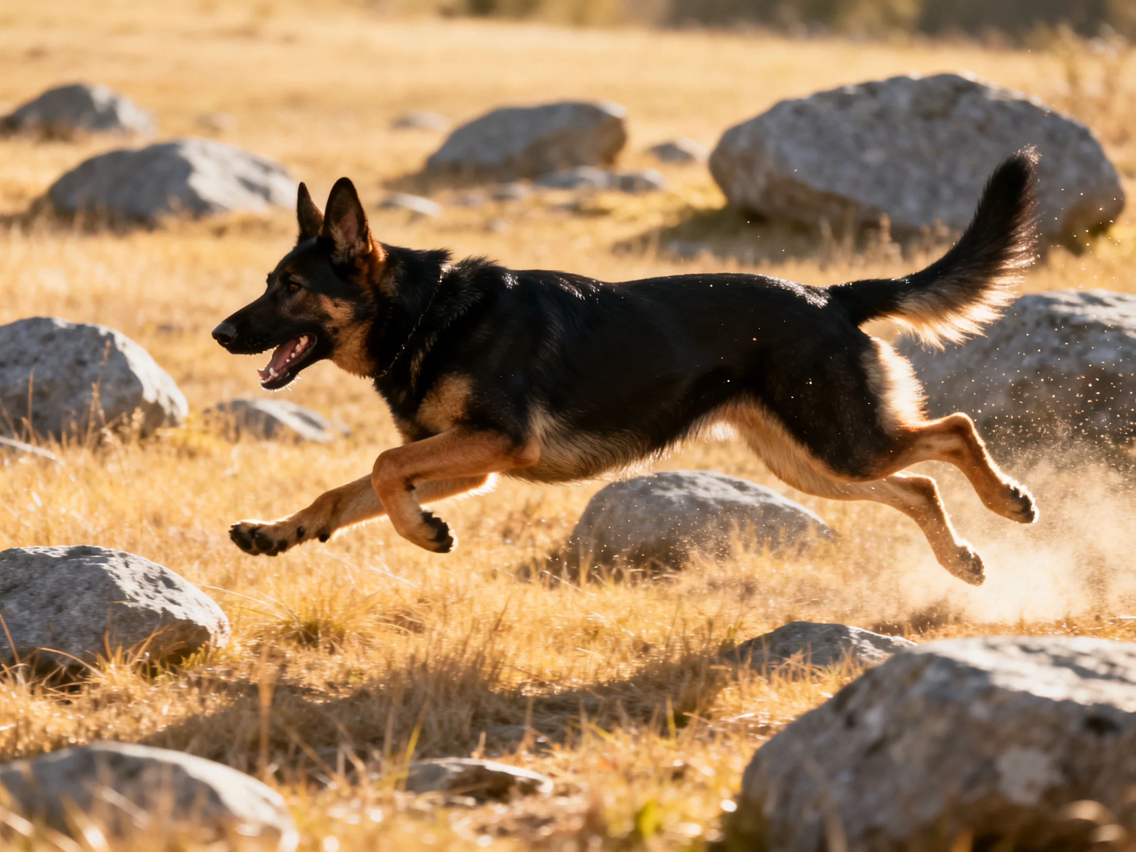 A German Shepherd runs energetically past scattered rocks in a sunlit field.