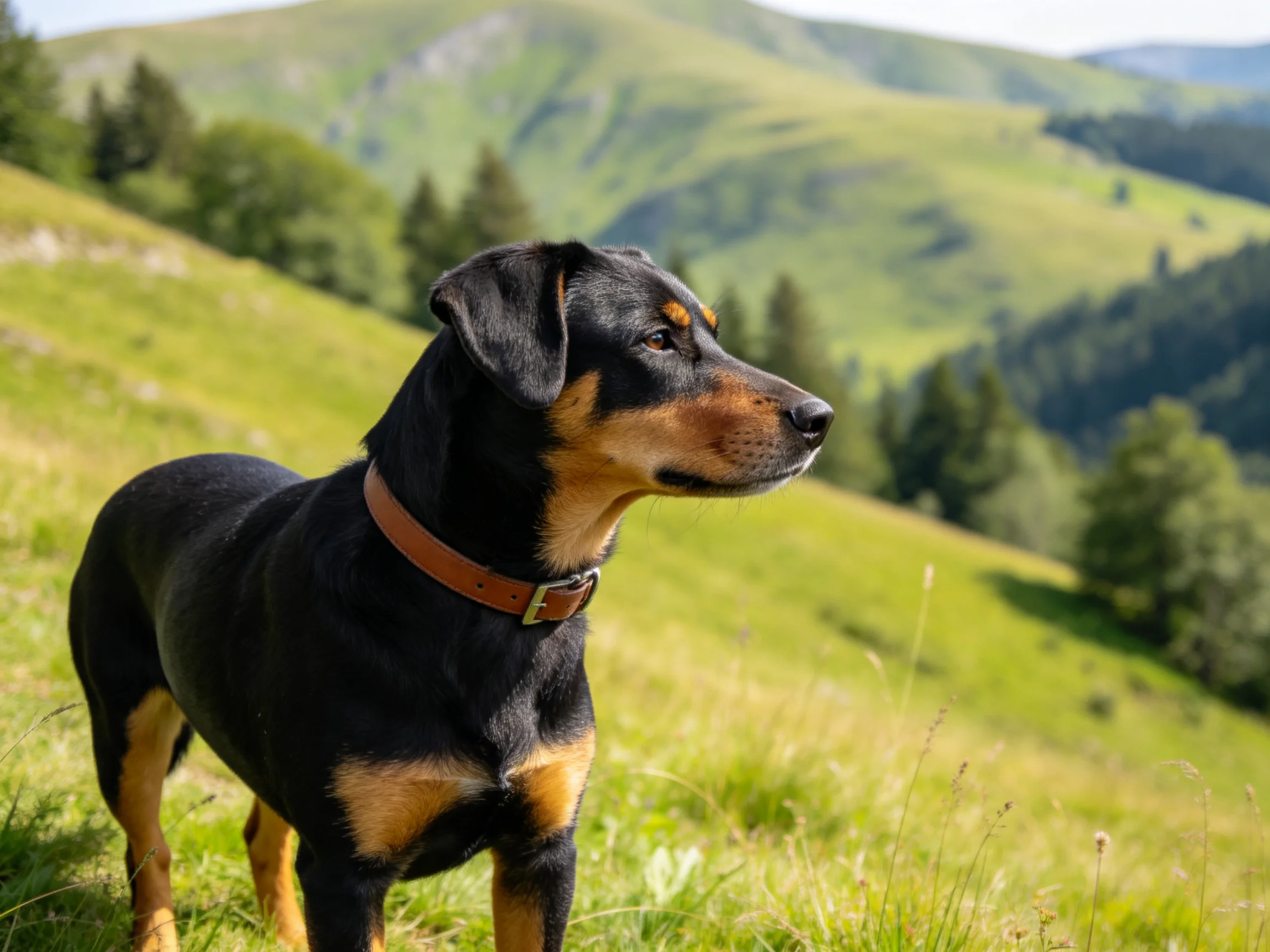 Black and tan dog alertly stands on a lush green hillside