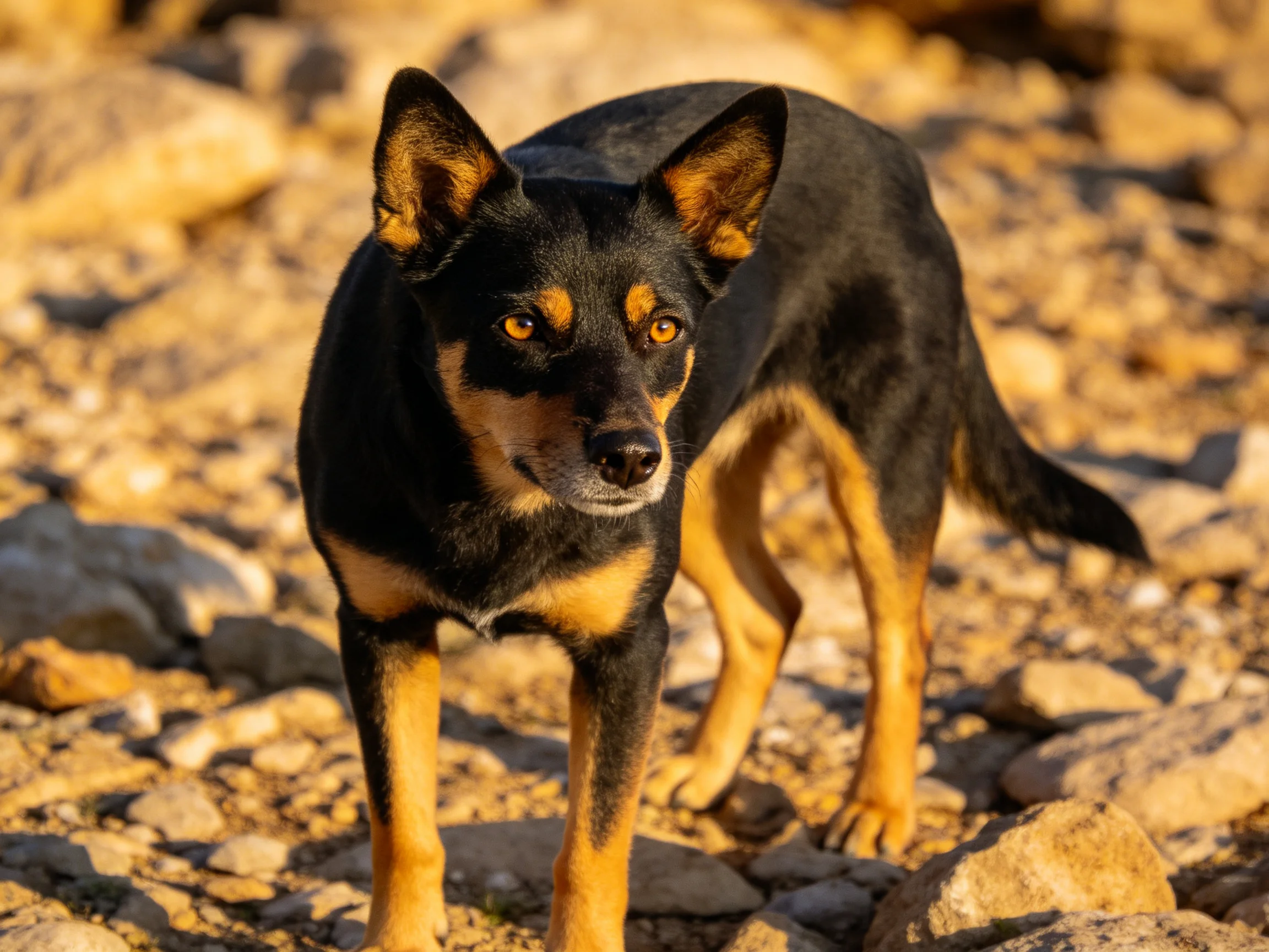 A black and tan dog stands on rocky ground in bright sunlight.