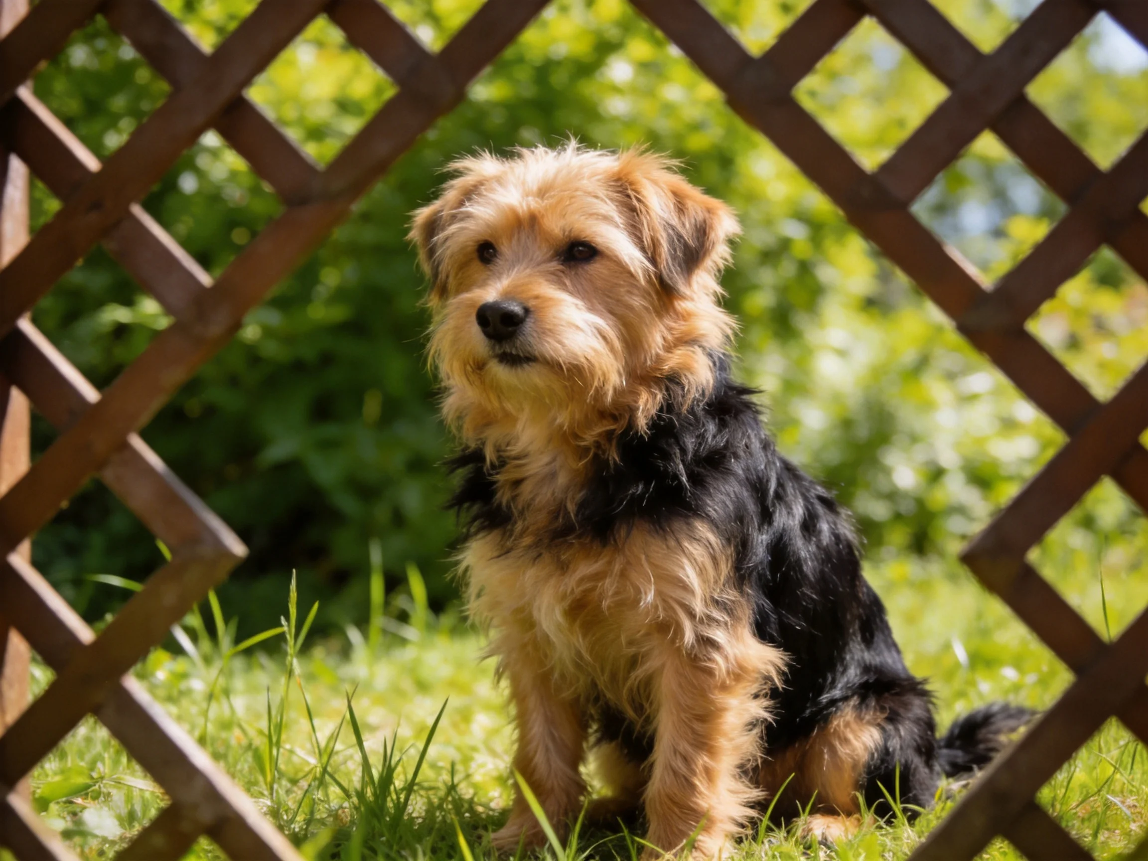 Black and tan dog behind wooden lattice fence in sunny garden