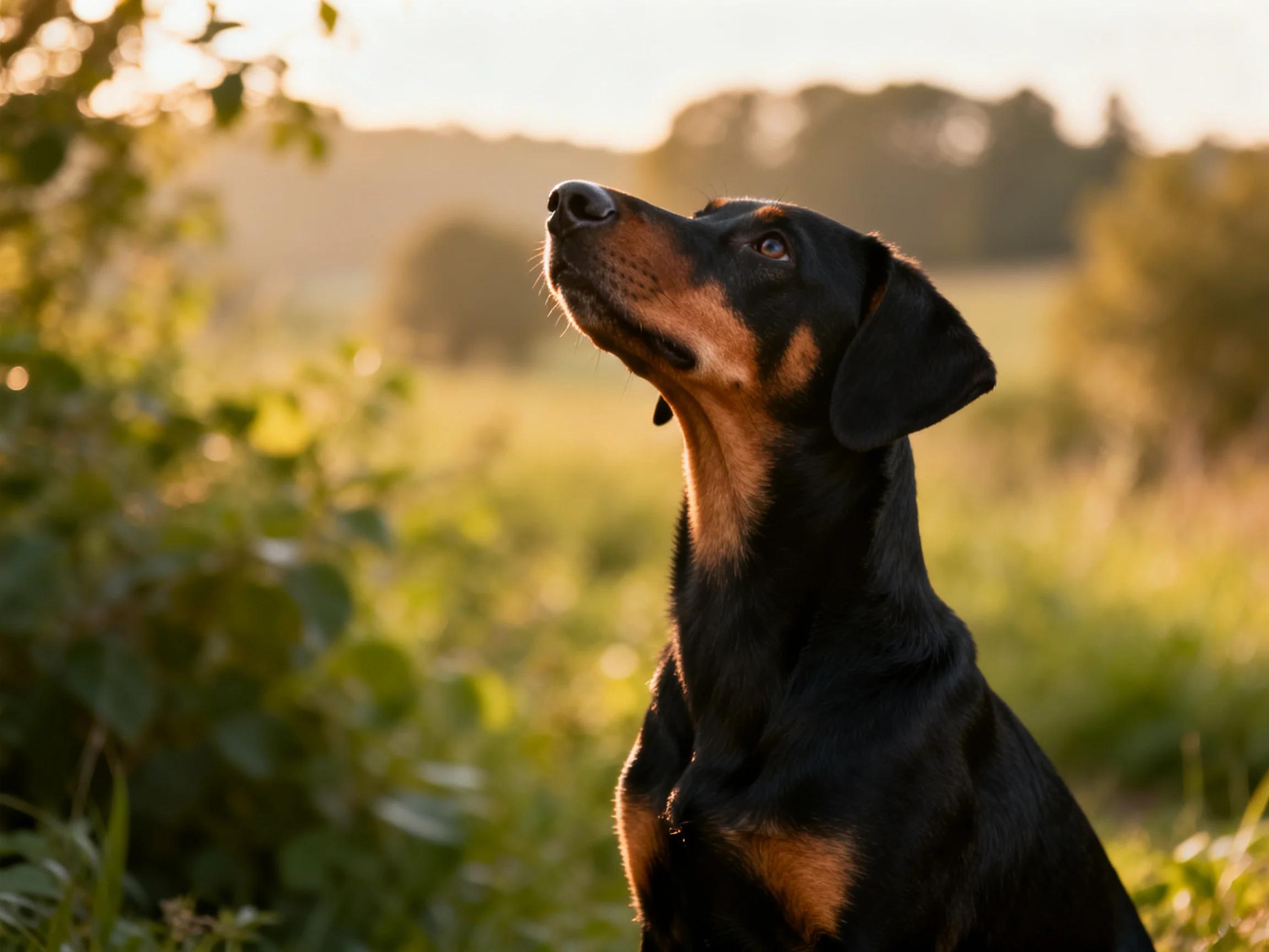 Black and tan dog gazes upward in sunlit meadow