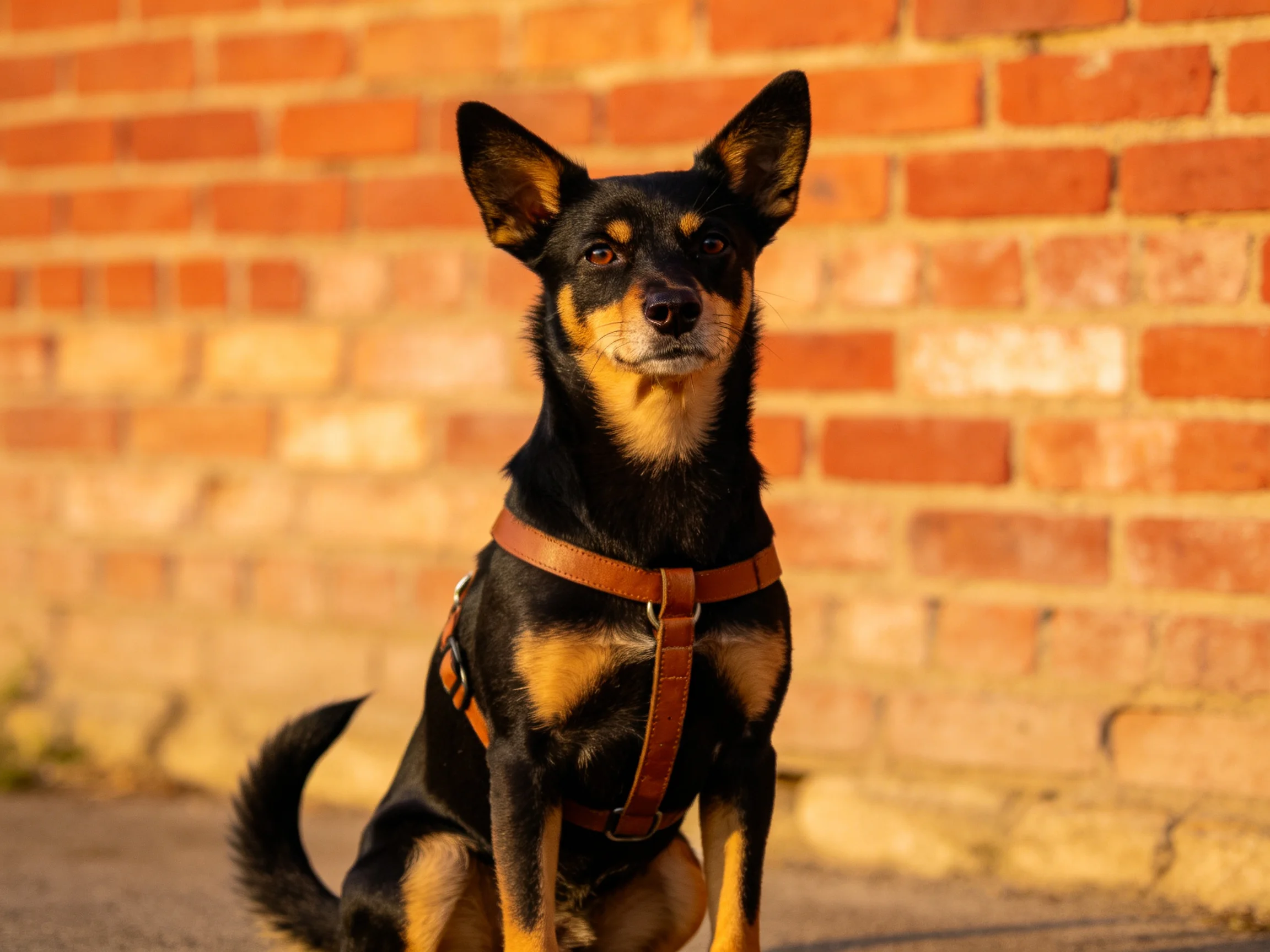 Black and tan dog in brown harness sits before red brick wall