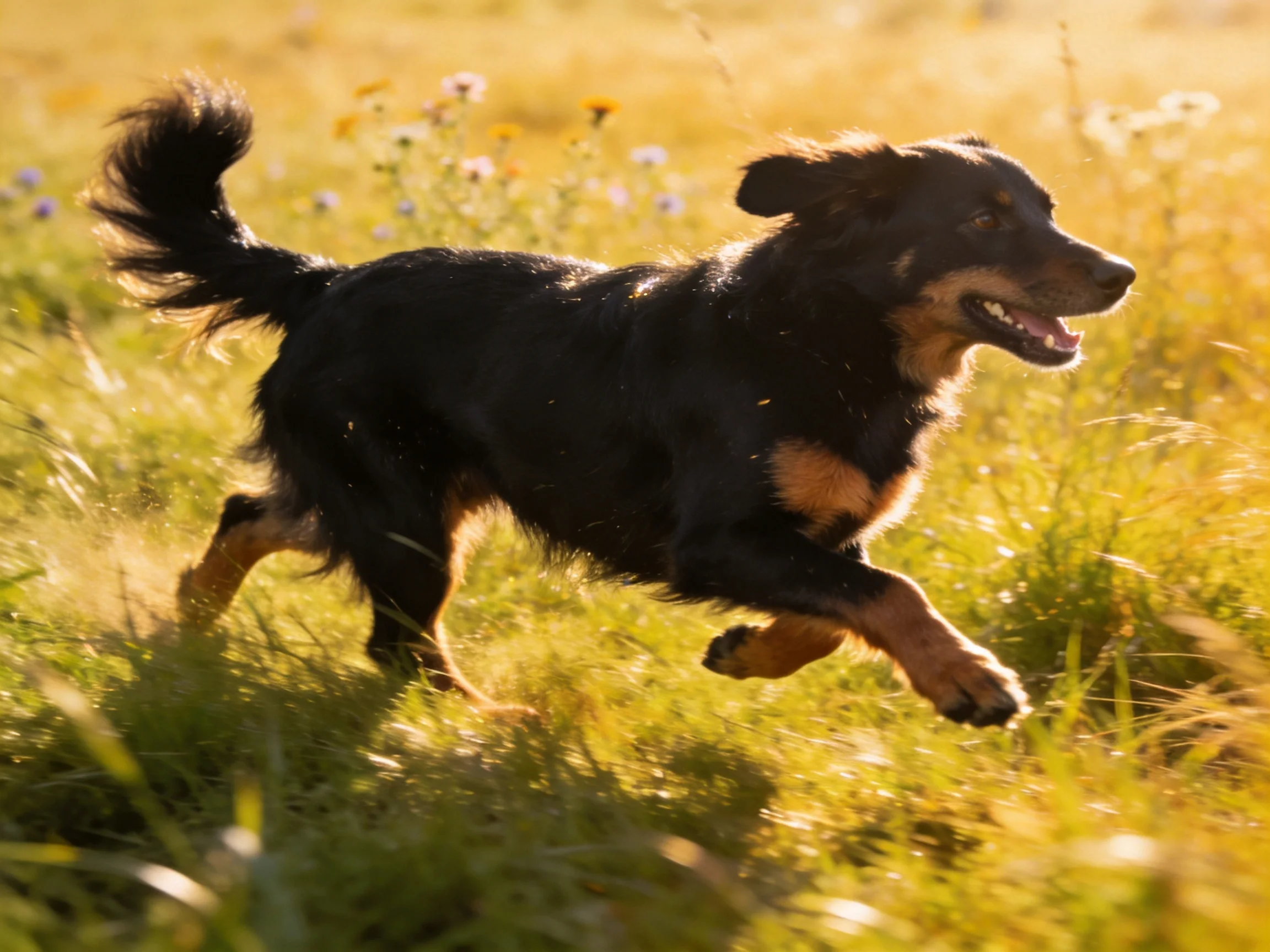 Black and tan dog joyfully runs through golden wildflower fields