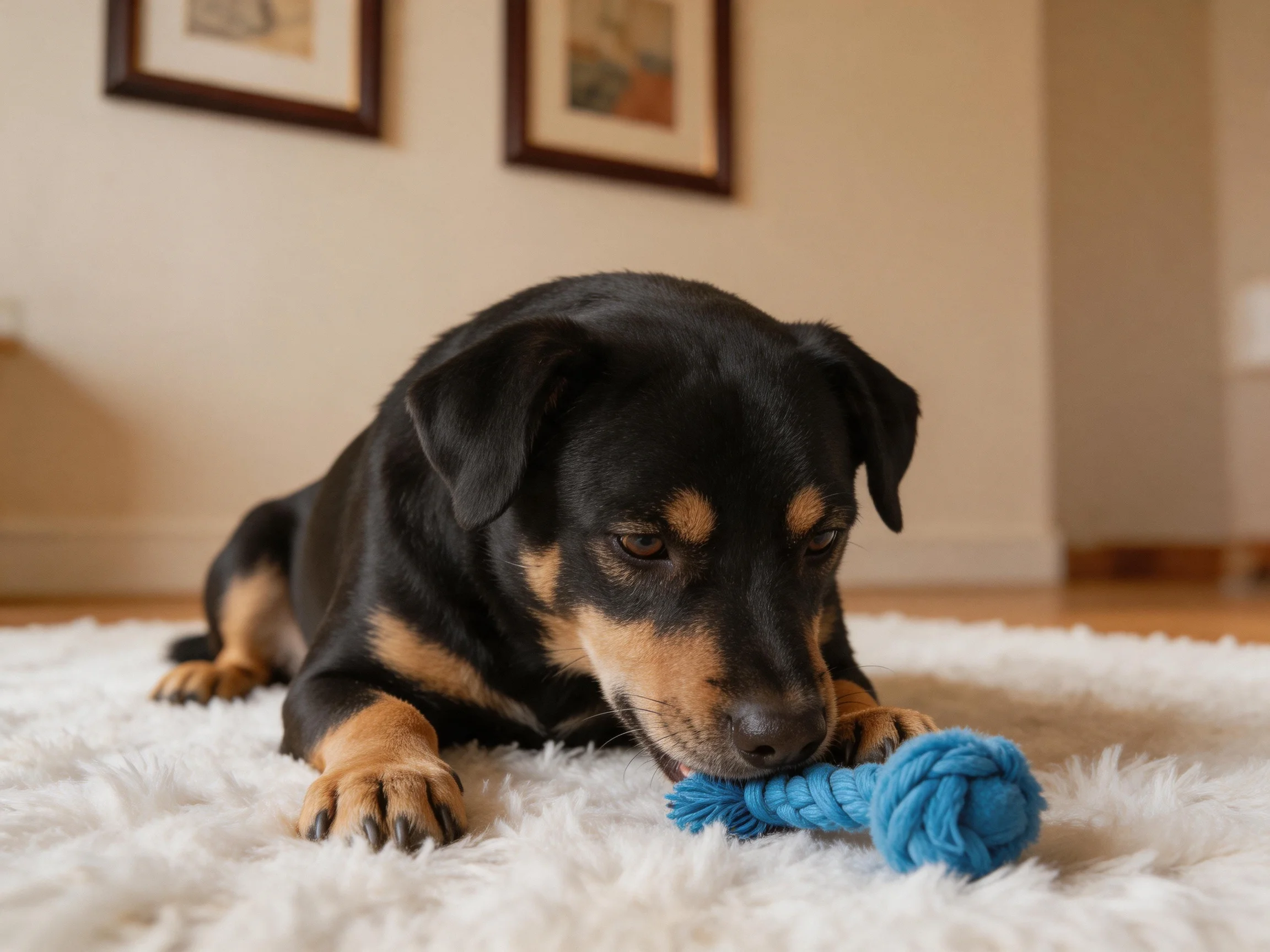Black and tan dog playing with blue rope toy on white rug