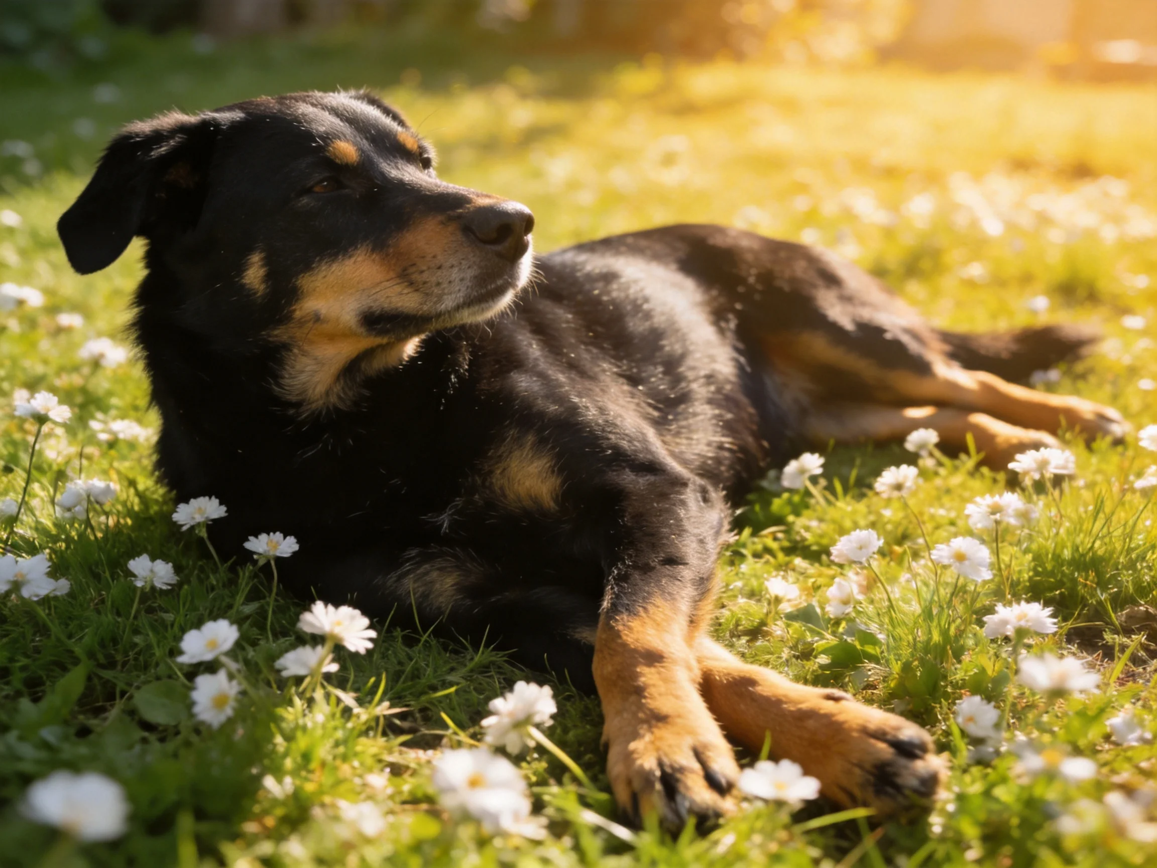 A black and tan dog rests peacefully among white flowers in a sunlit grassy area.