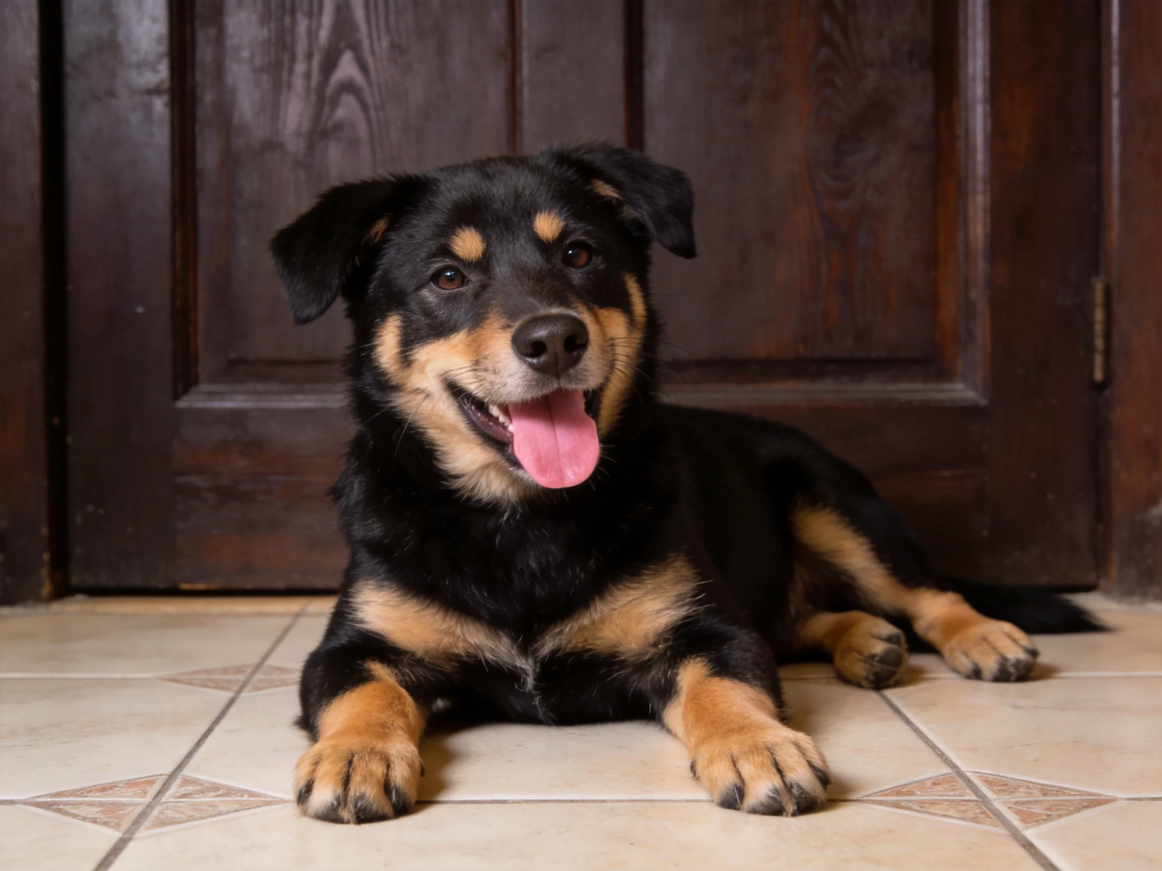 A black and tan dog rests on a tiled floor near dark wood doors.
