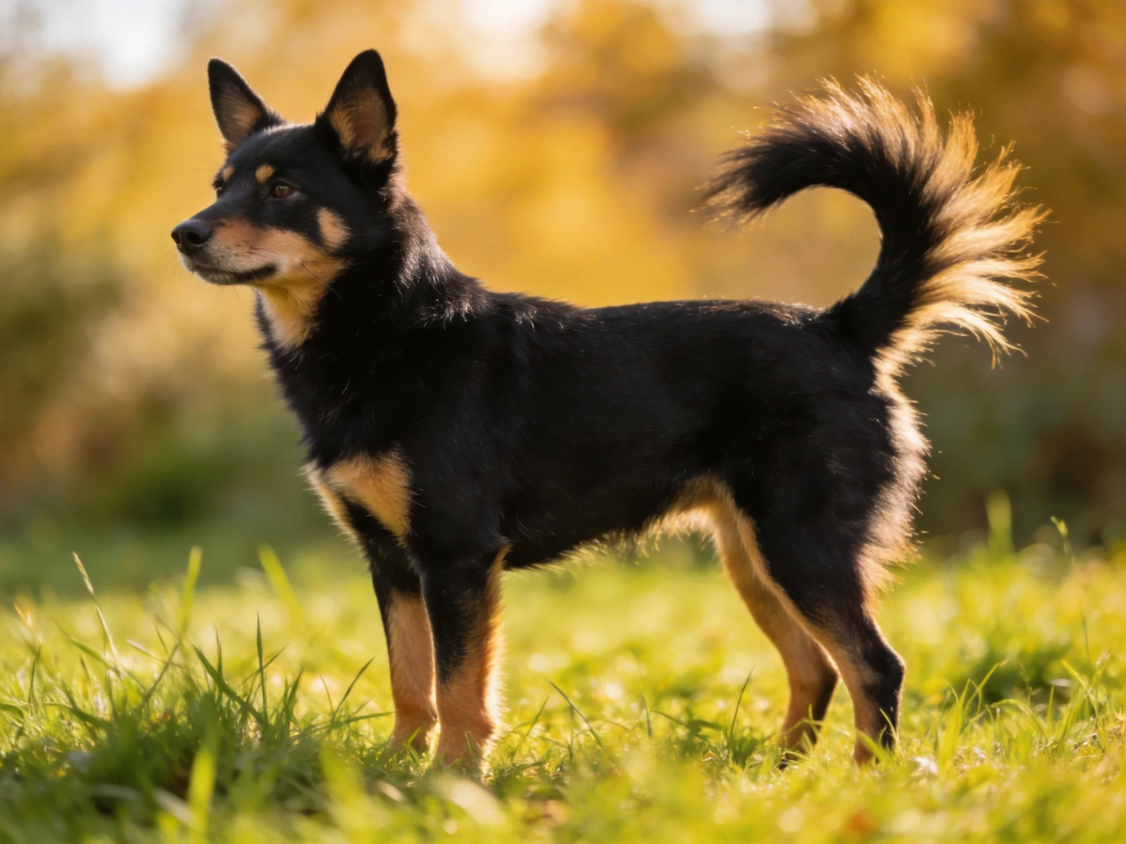 Black and tan dog stands alert on sunlit green grass