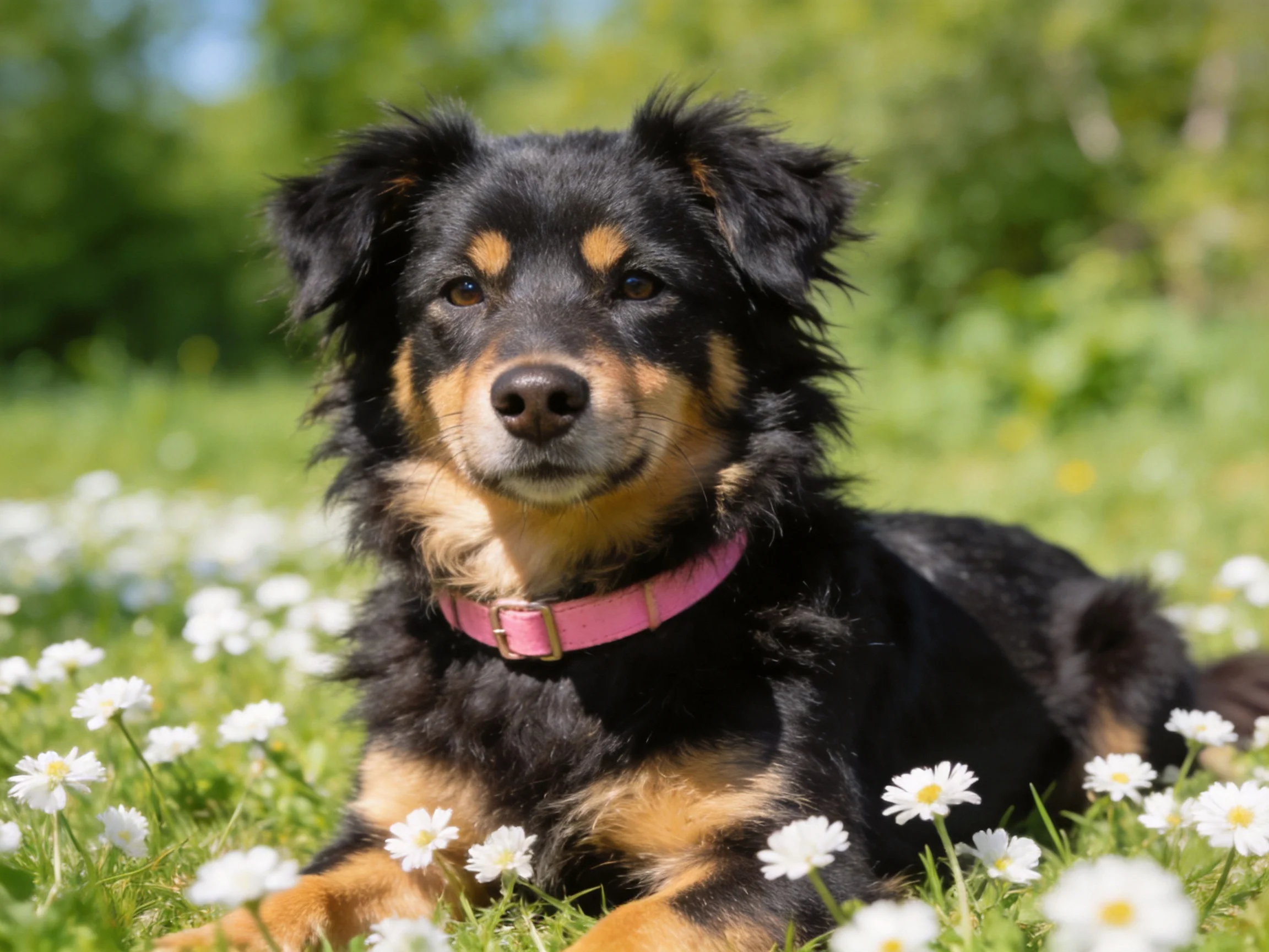 A black and tan dog relaxes among white daisies in a sunny meadow.