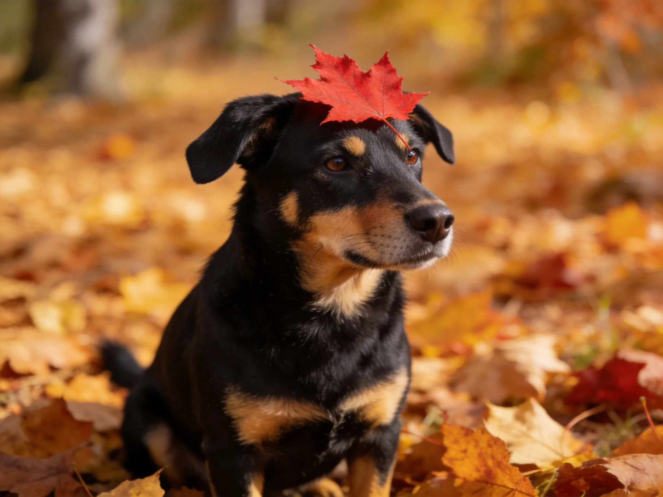A black and tan dog sits among autumn leaves with a red maple leaf on its head.