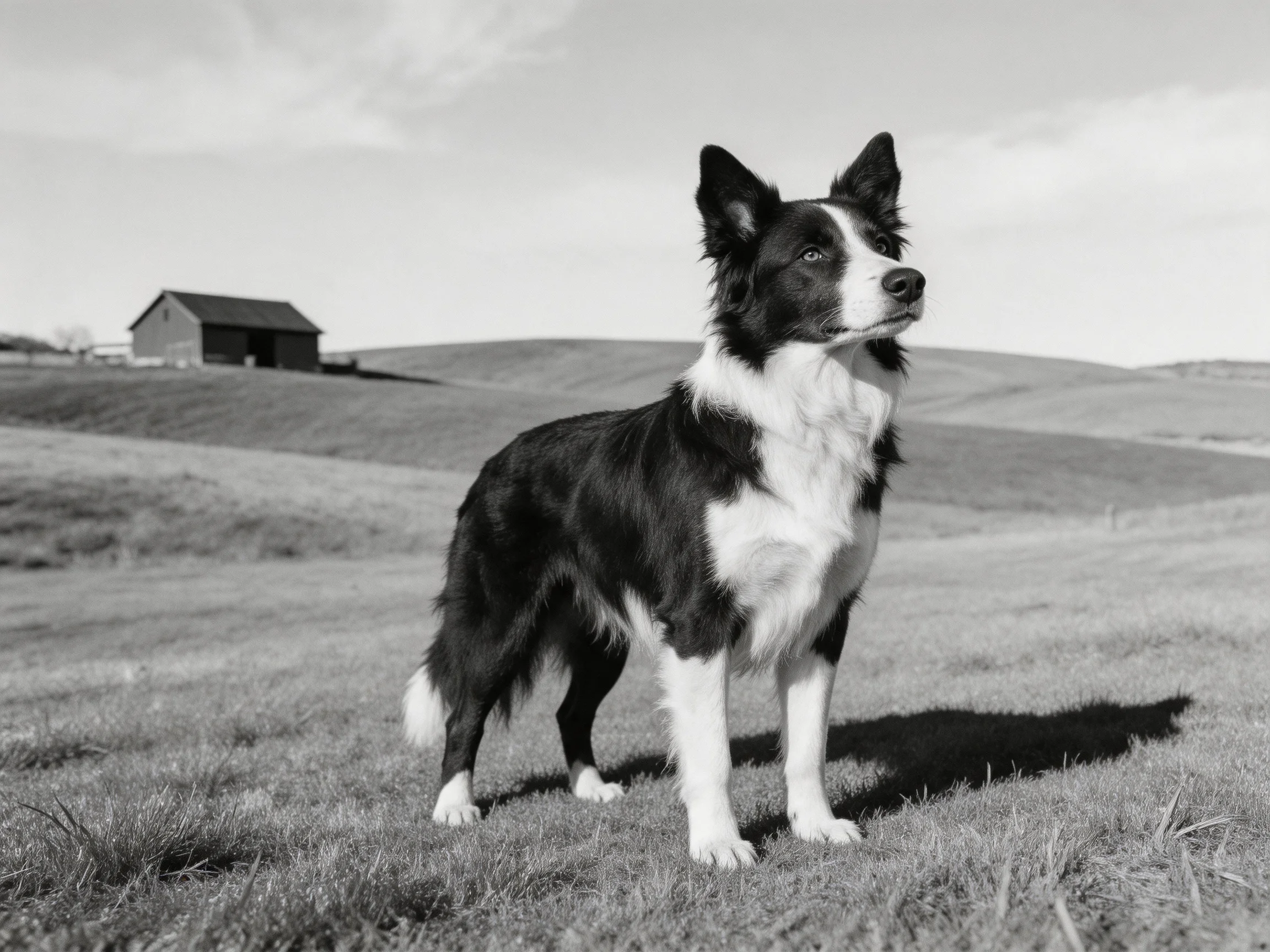 A black and white Border Collie stands alert in a rural countryside setting.