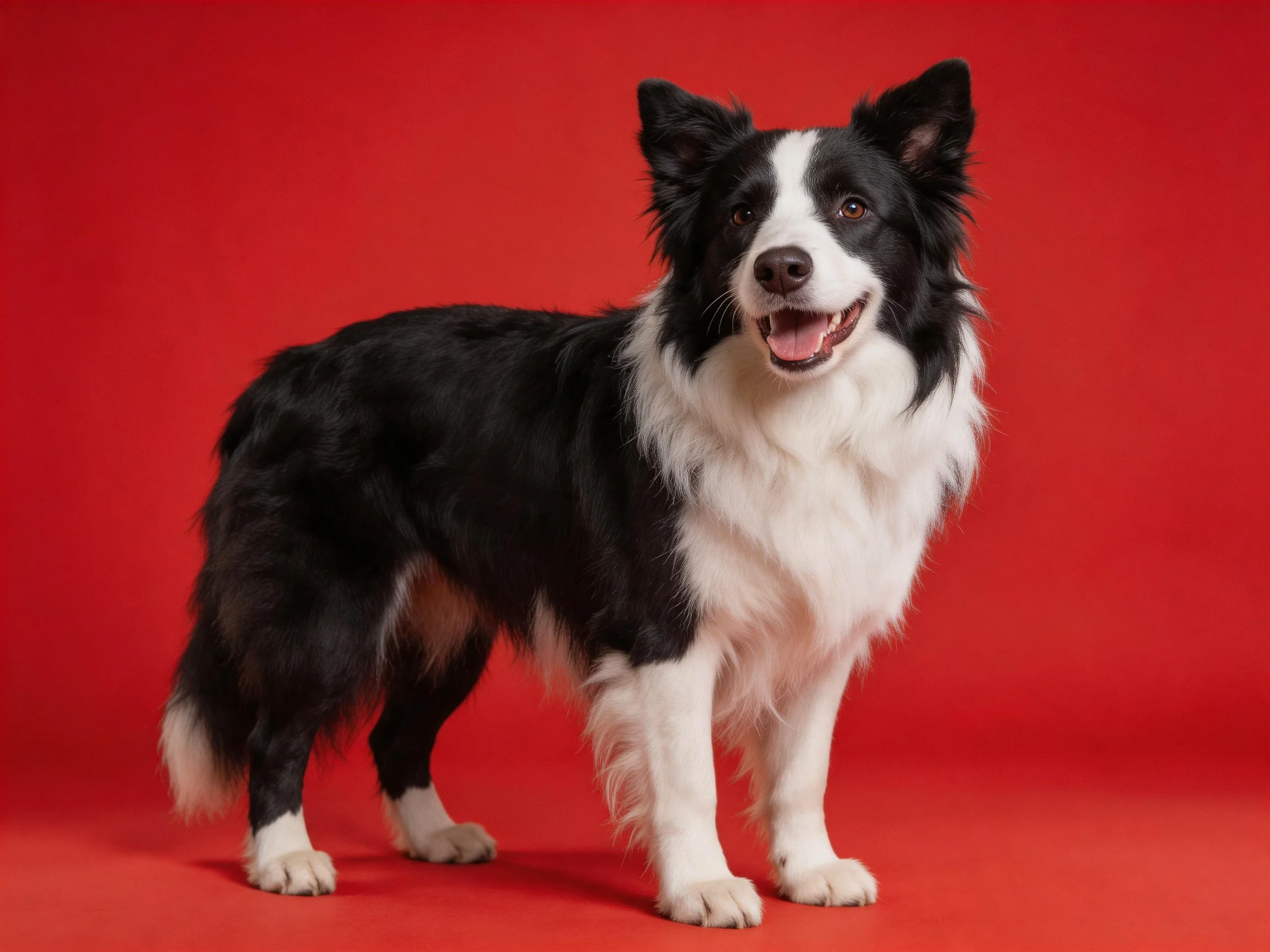 A black and white Border Collie stands on a bright red surface.