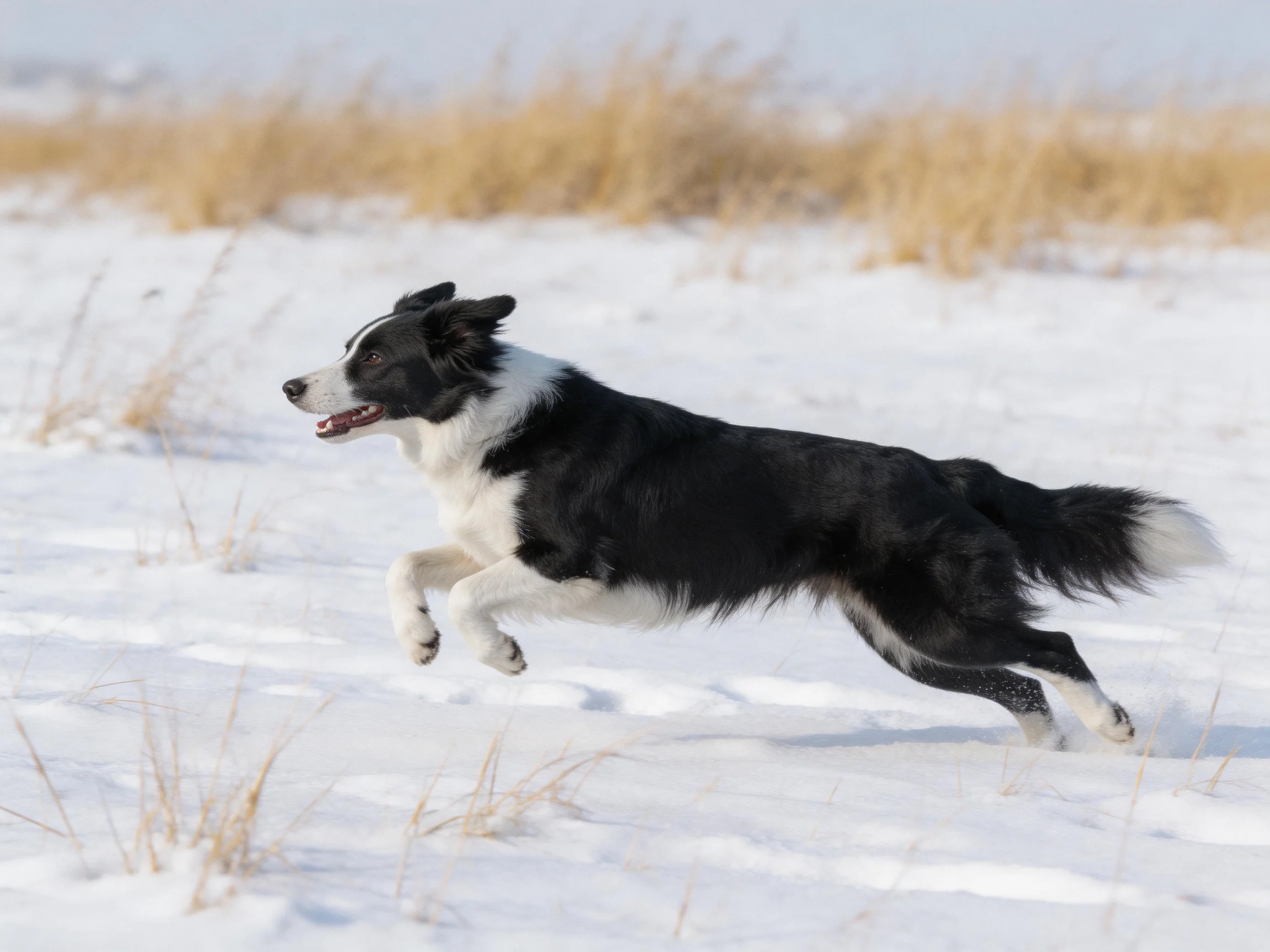 A black and white Border Collie sprints energetically across a snowy landscape.