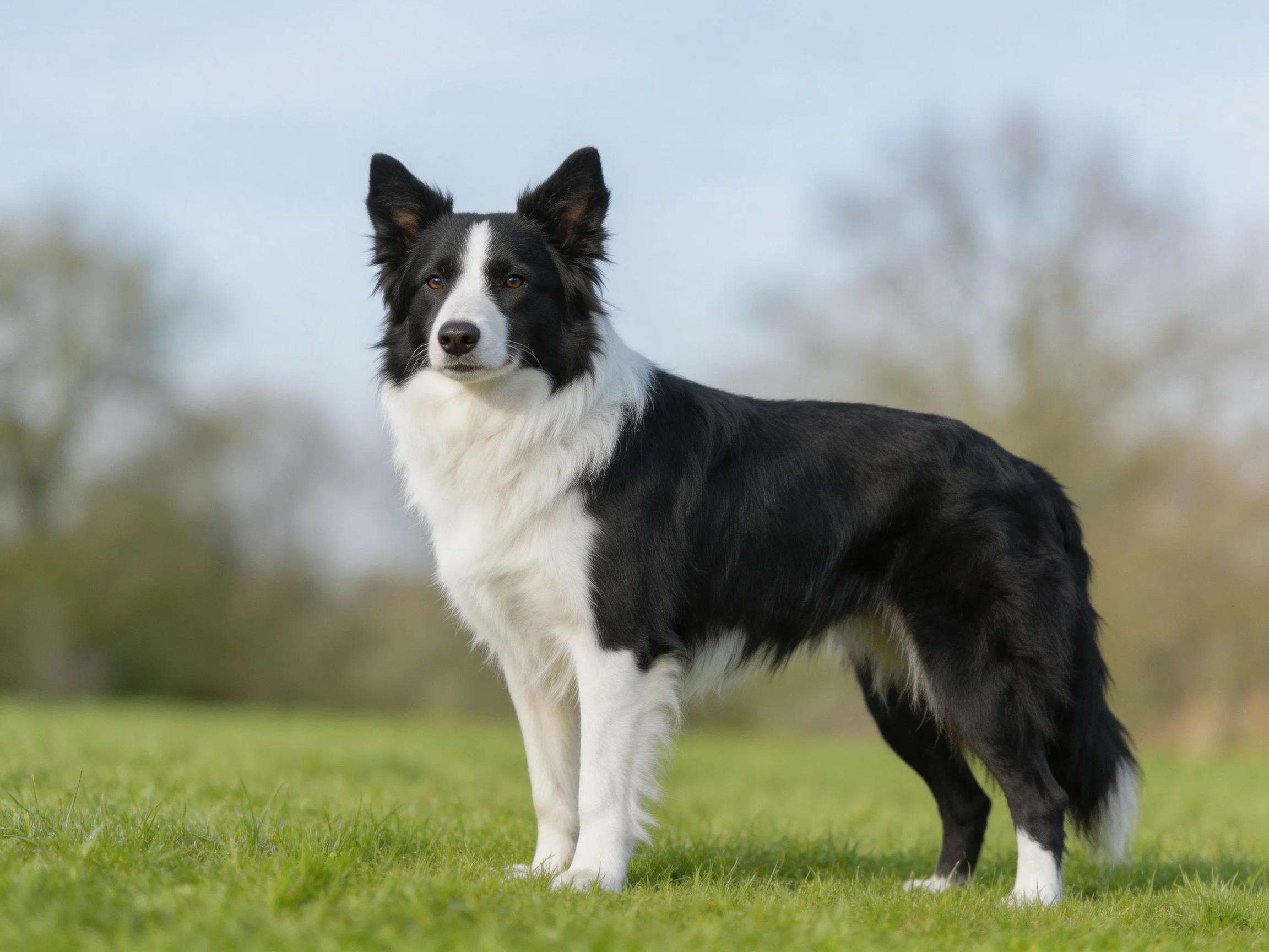 A black and white Border Collie stands on green grass in an outdoor area.