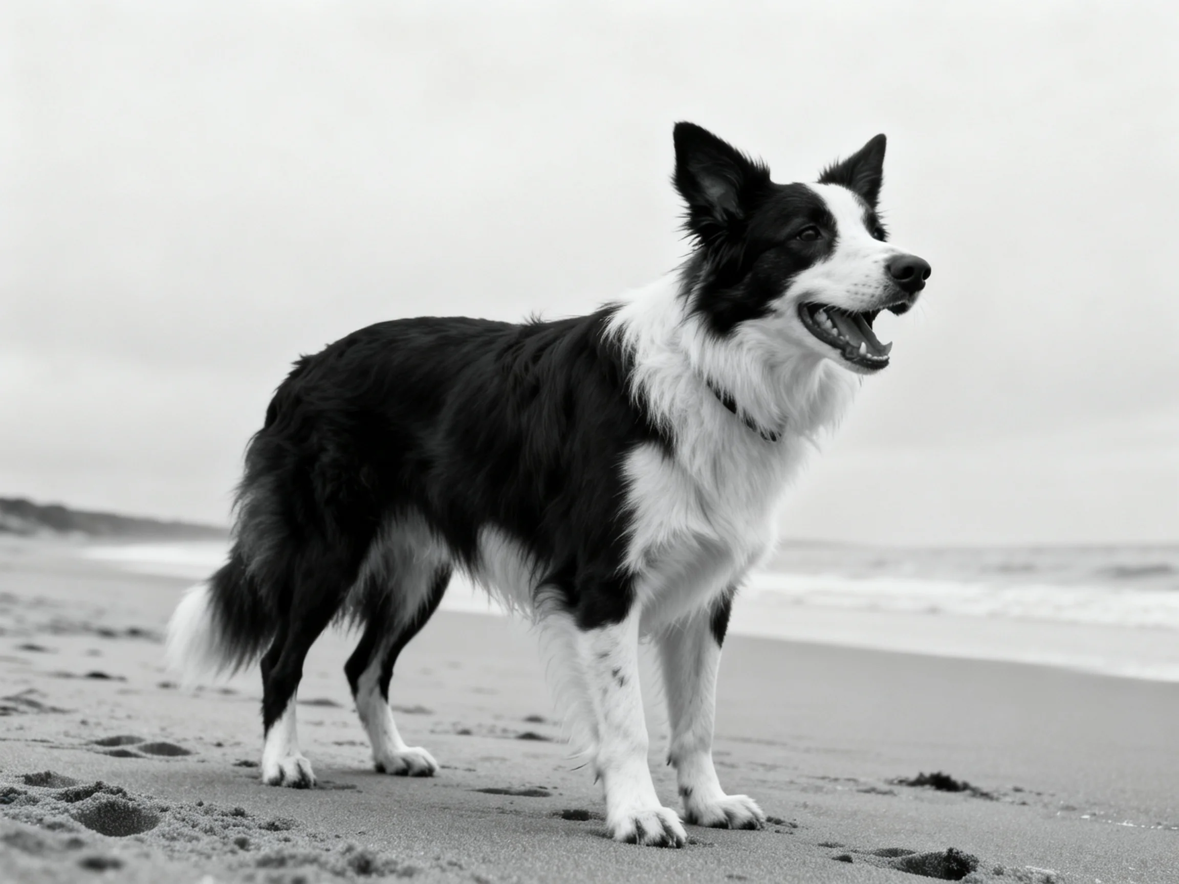 A black and white Border Collie stands on a sandy beach close to the ocean.