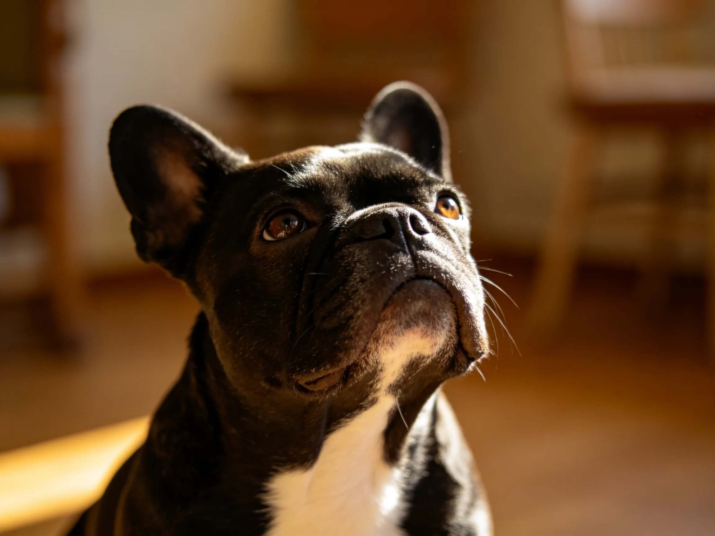 Black and white French bulldog gazes upward in sunlit room
