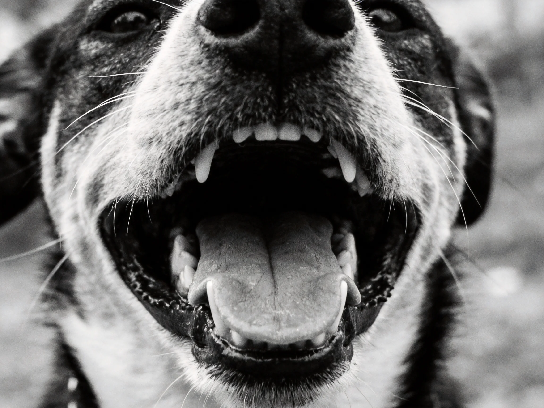 A black and white close - shows a dog with its mouth open.