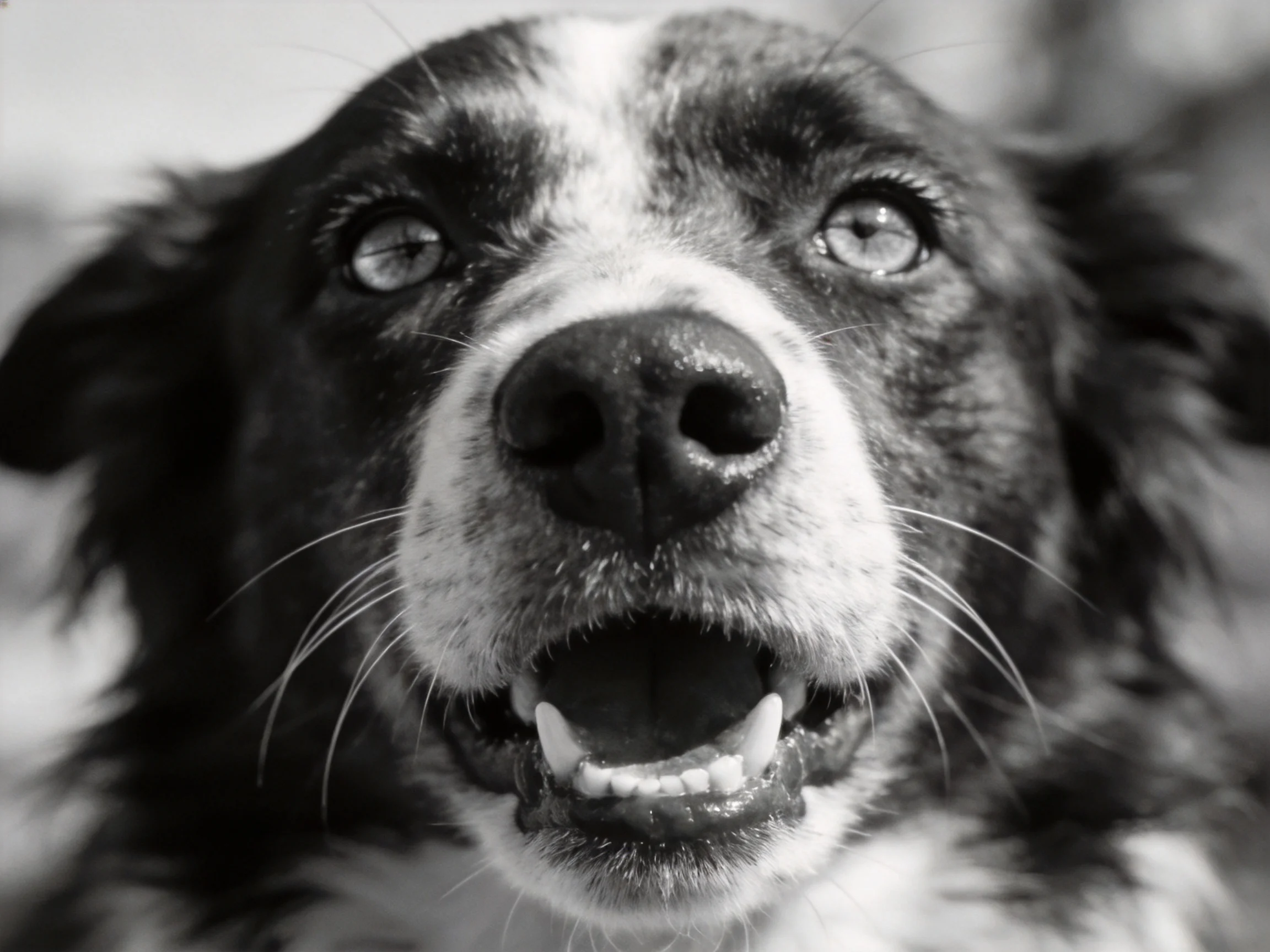 A black and white close - up captures a cheerful dog with an open mouth and bright eyes.