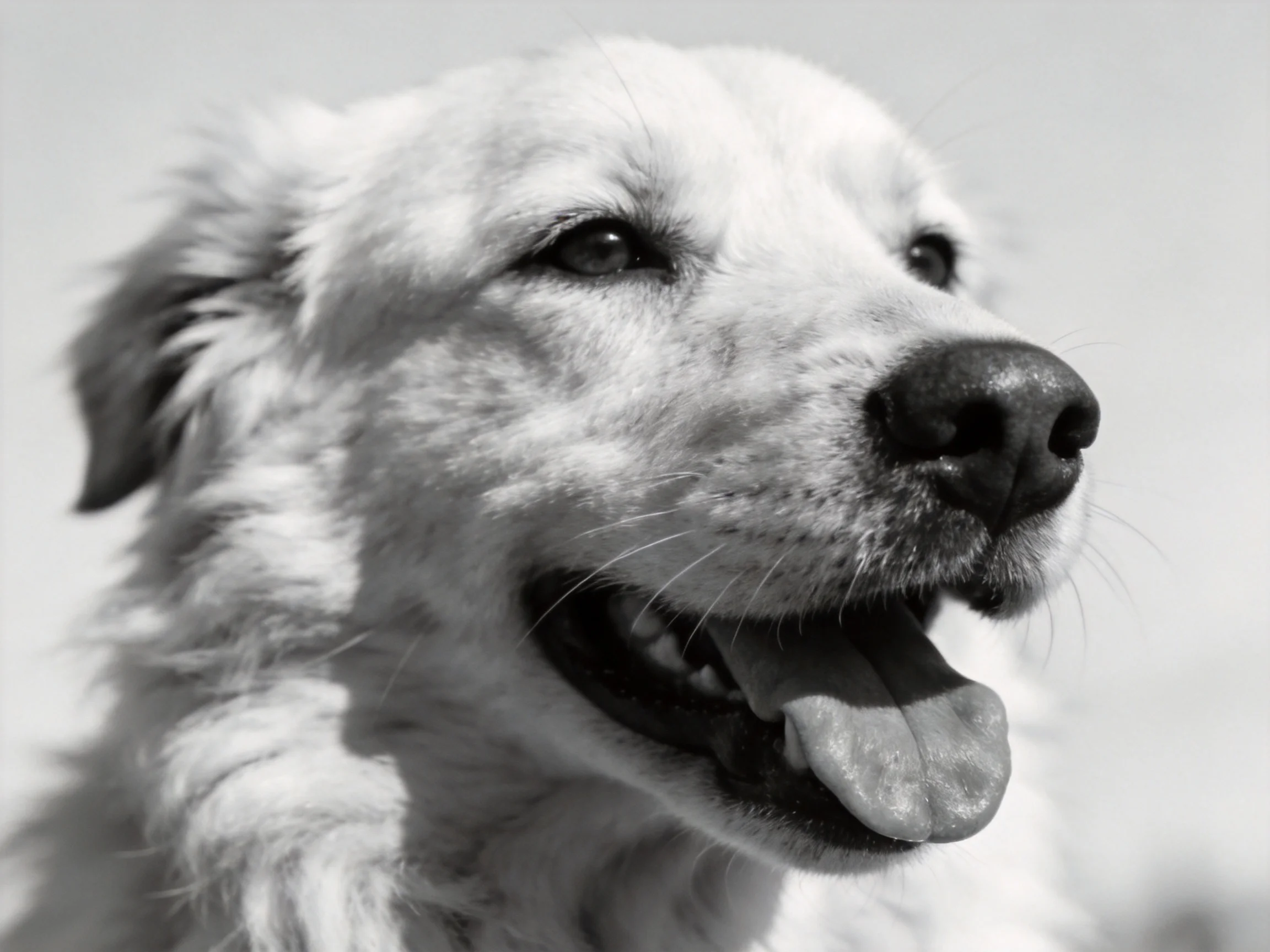 Black-and-white close-up of a golden retriever with tongue out