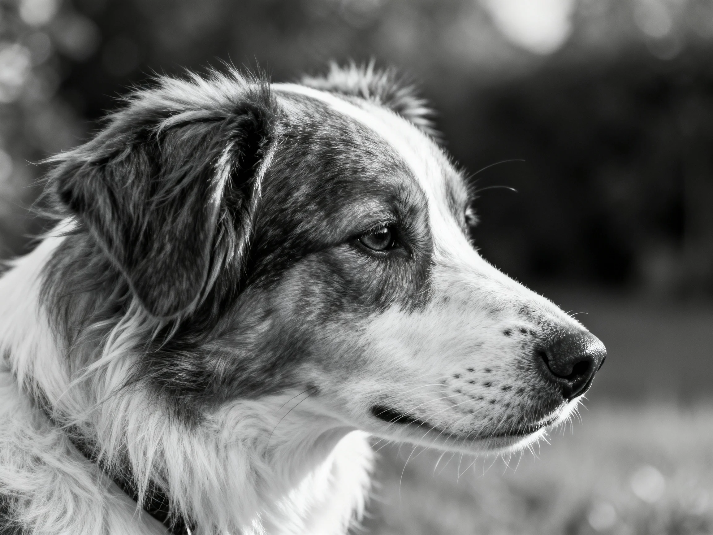 A black-and-white photograph shows a mixed-breed dog in profile.