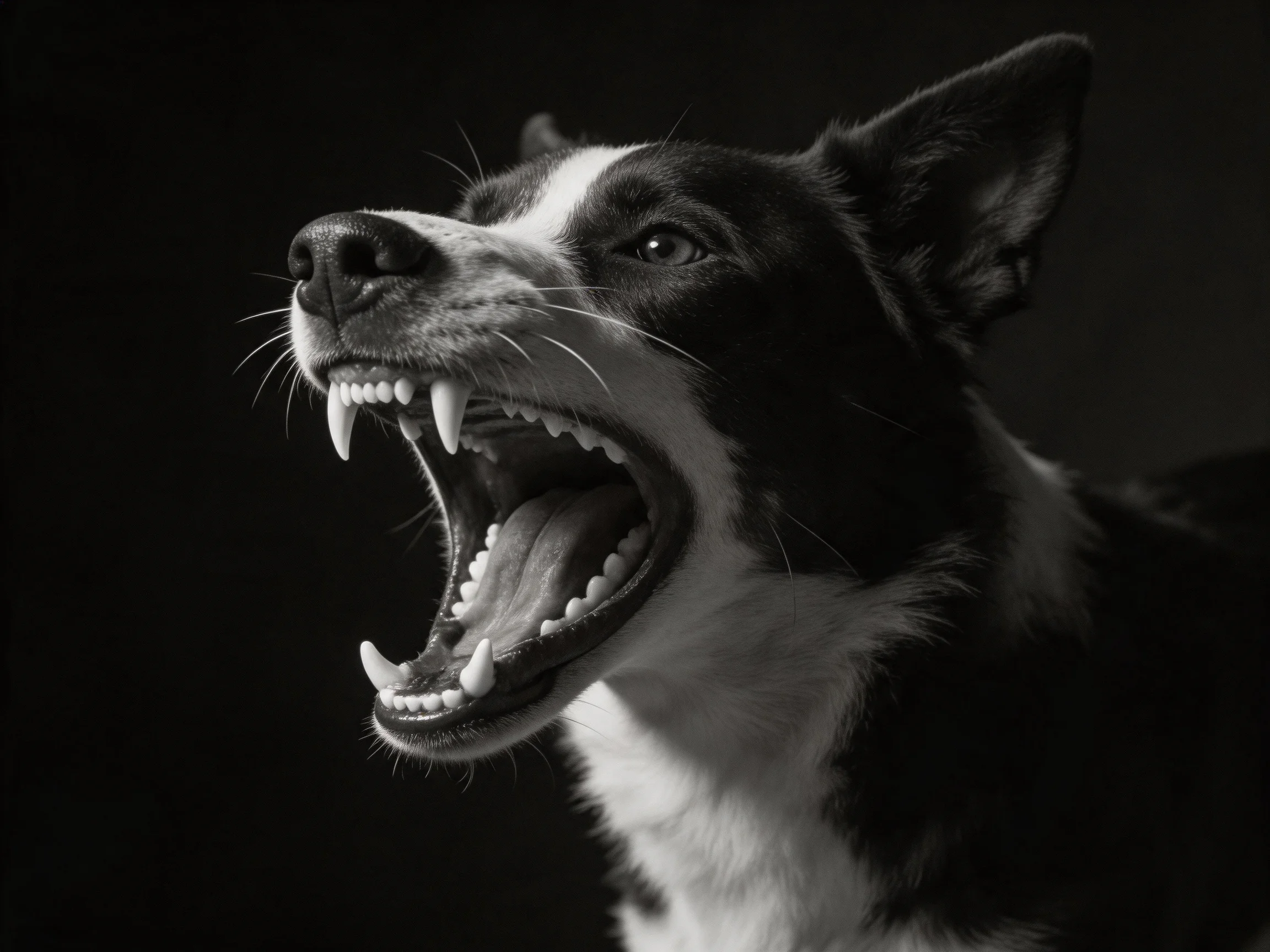 A black and white dog displays its teeth in a striking close-up.