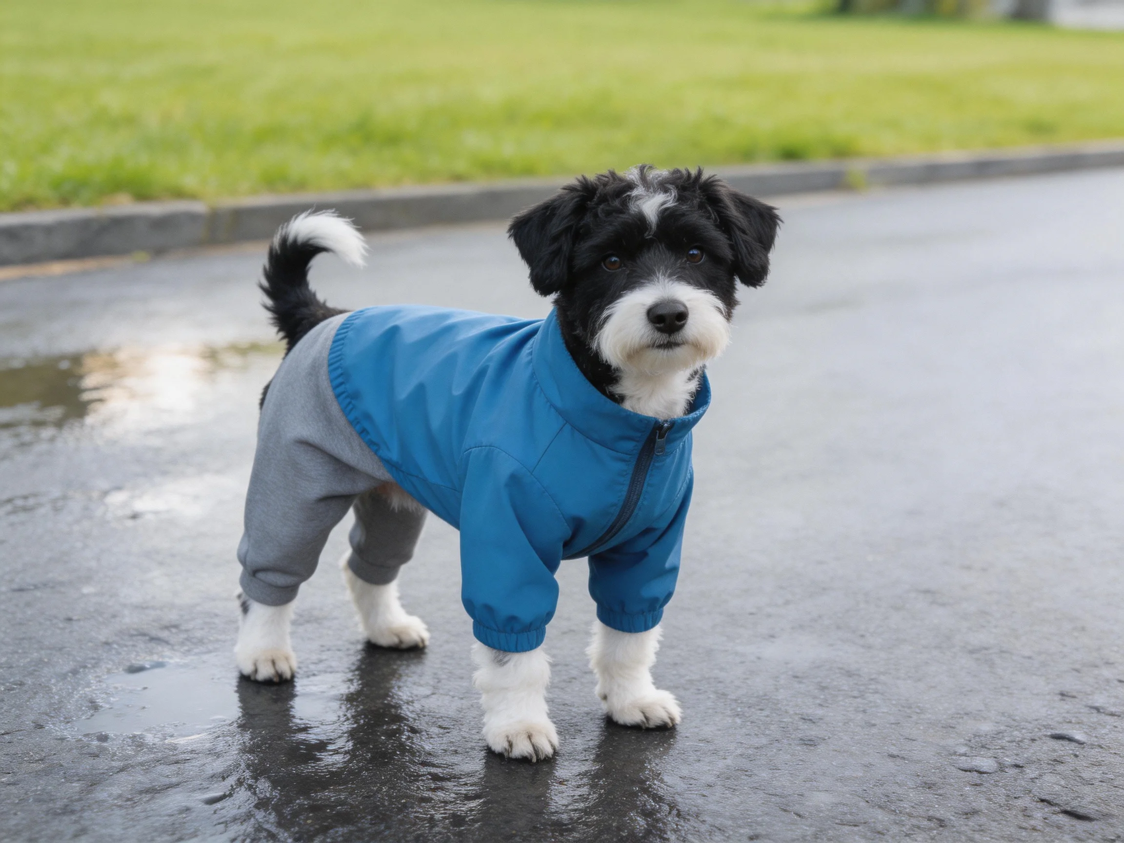 Black and white dog in blue coat, gray pants on wet road