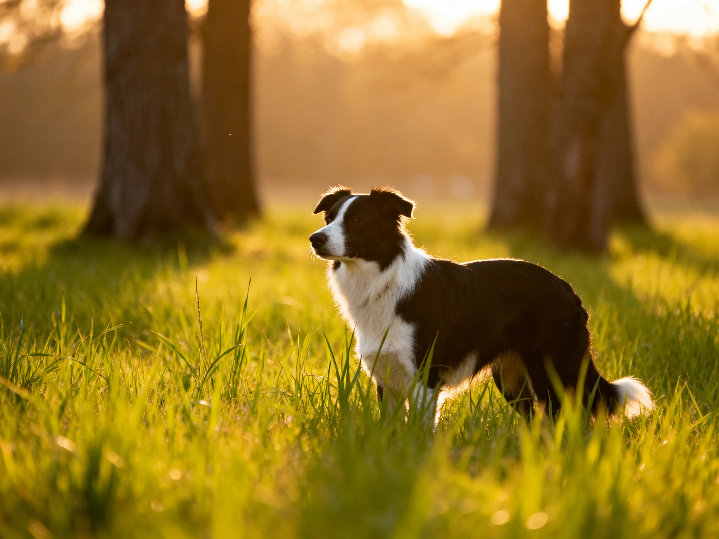 A black-and-white dog stands in sunlit grass beside tall trees.