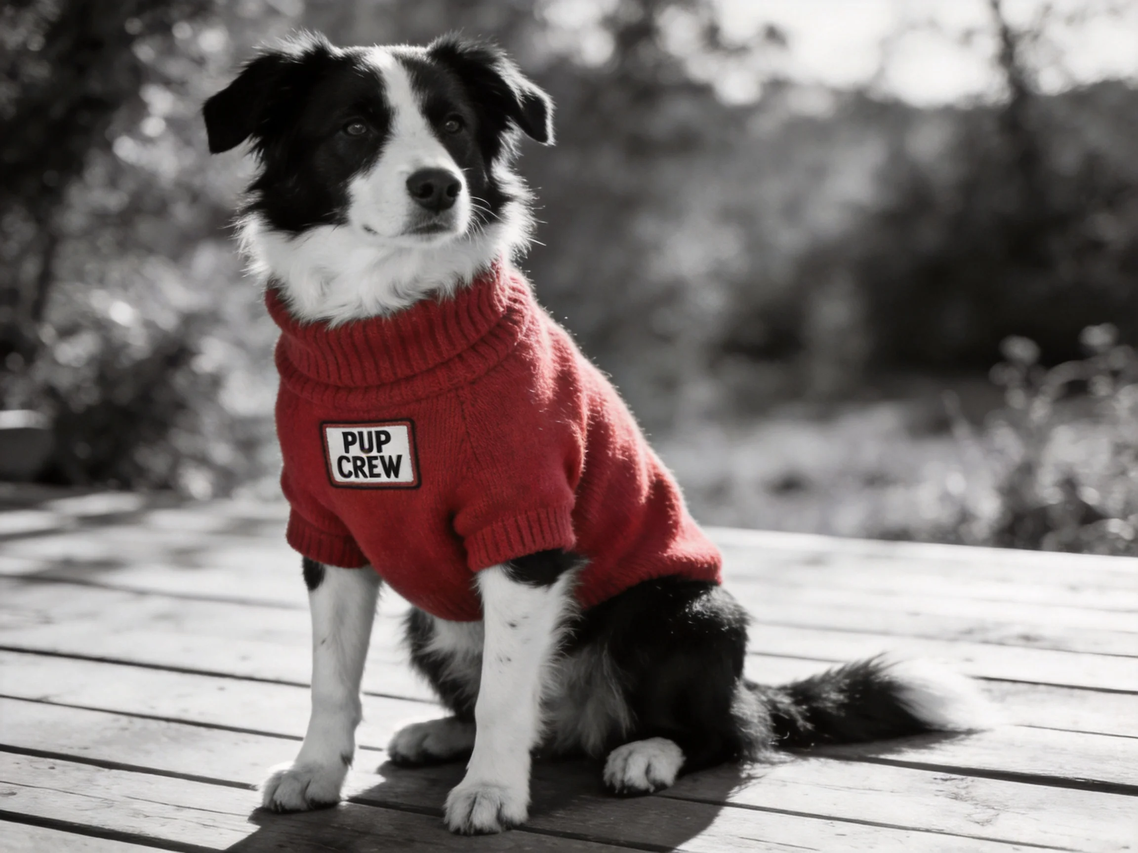 A black and white dog in a red sweater sits on a wooden deck outside.