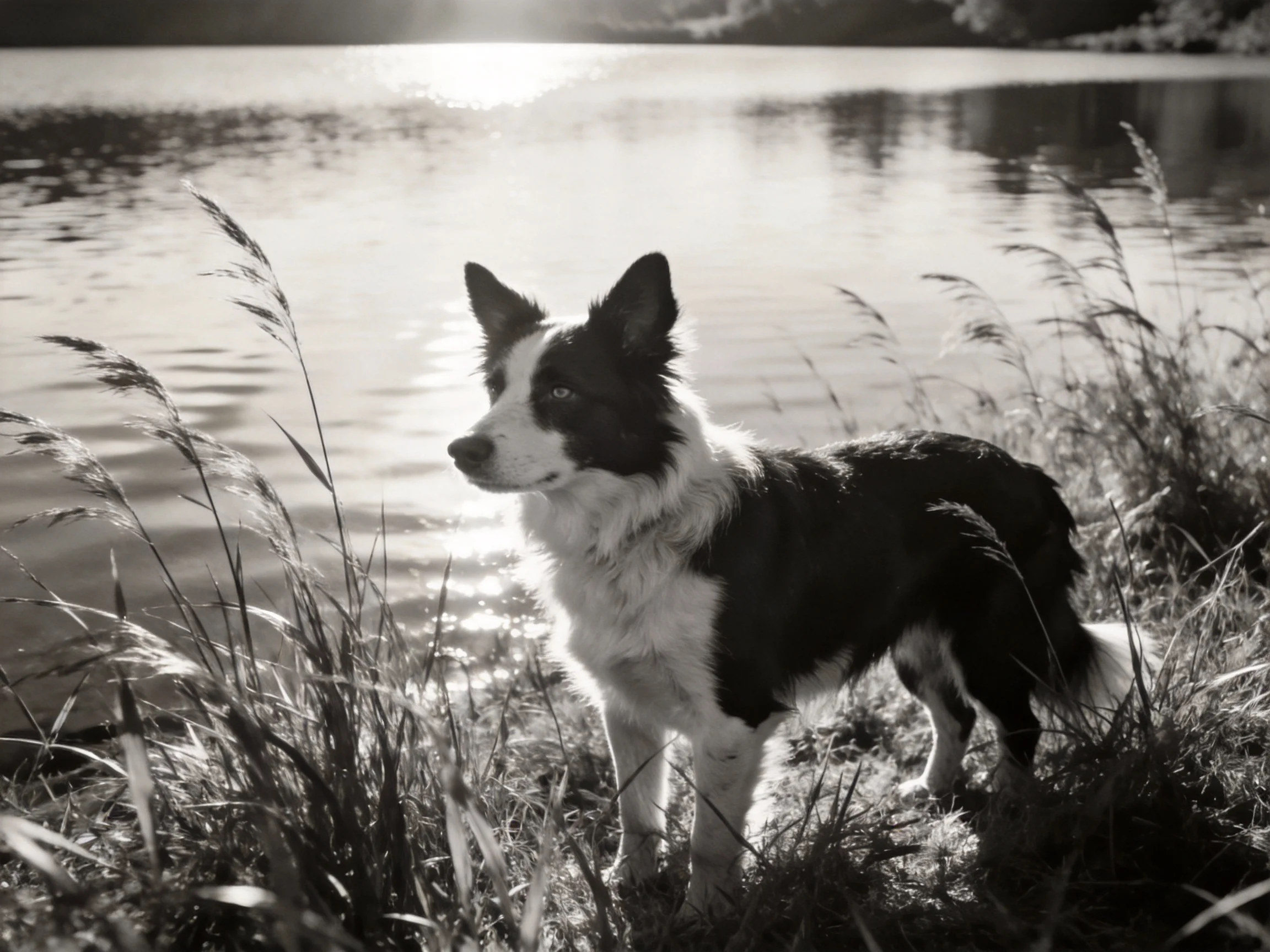 A black and white dog stands near a calm lake with tall grass.