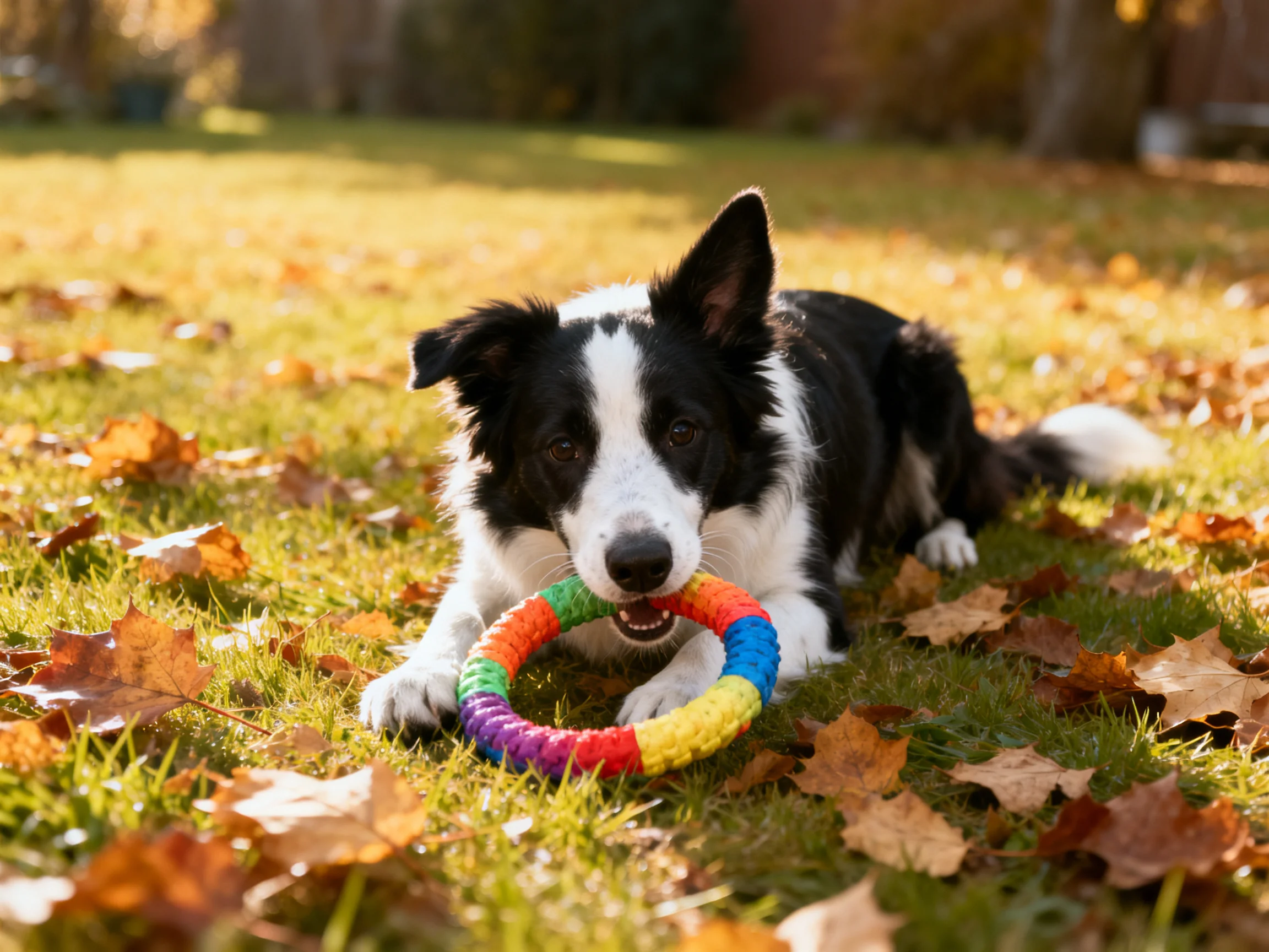 A black and white dog chews a colorful toy while resting on grass covered with autumn leaves.