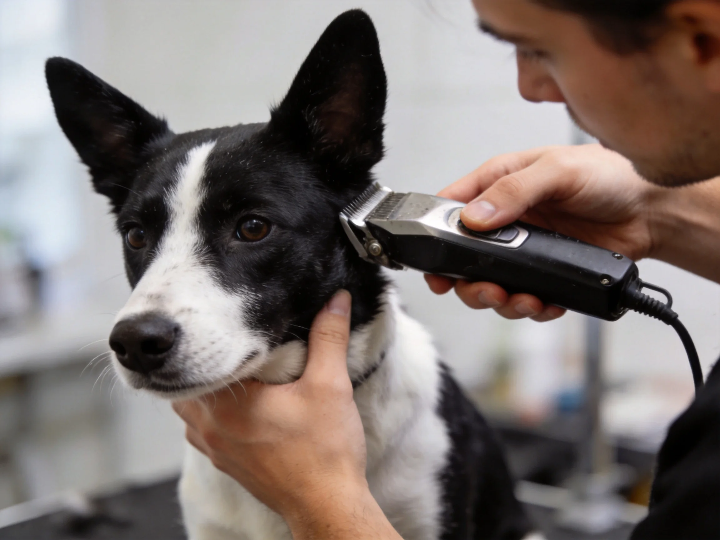 Black and white dog receiving grooming with electric clippers