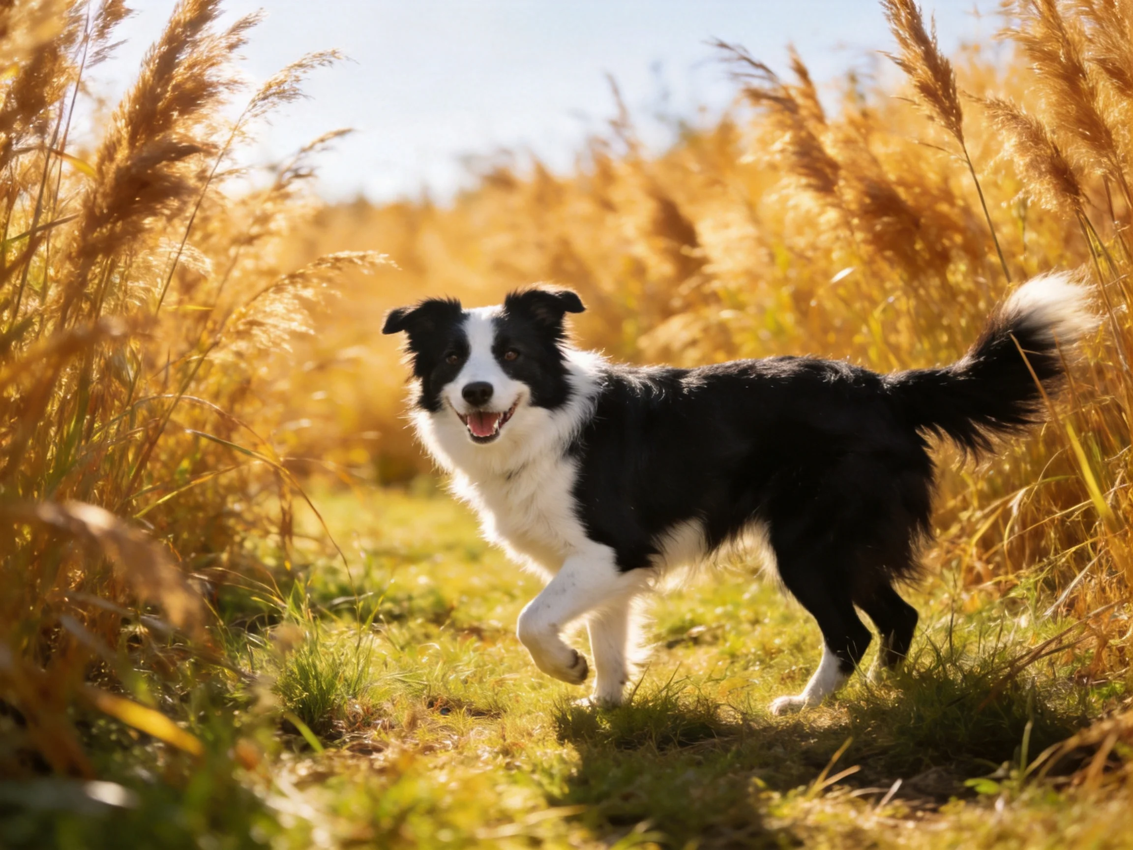 A black-and-white dog runs joyfully through golden grasses in a sunny outdoor space.