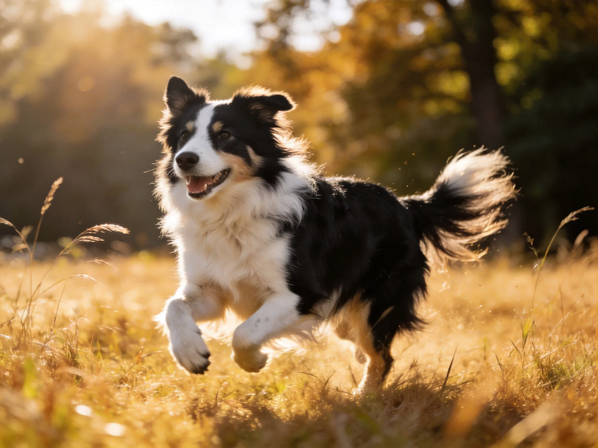 A black-and-white dog runs energetically in a sunlit meadow.