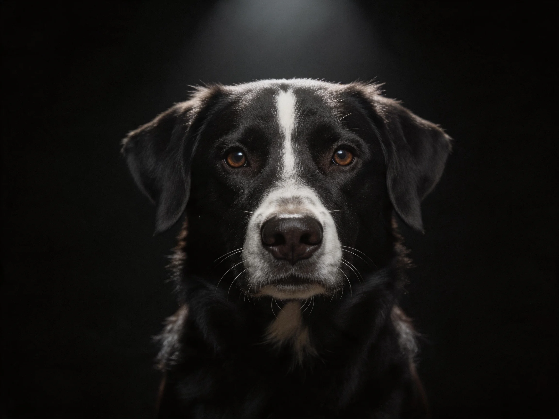 A black and white dog with a central white stripe is highlighted under a spotlight.