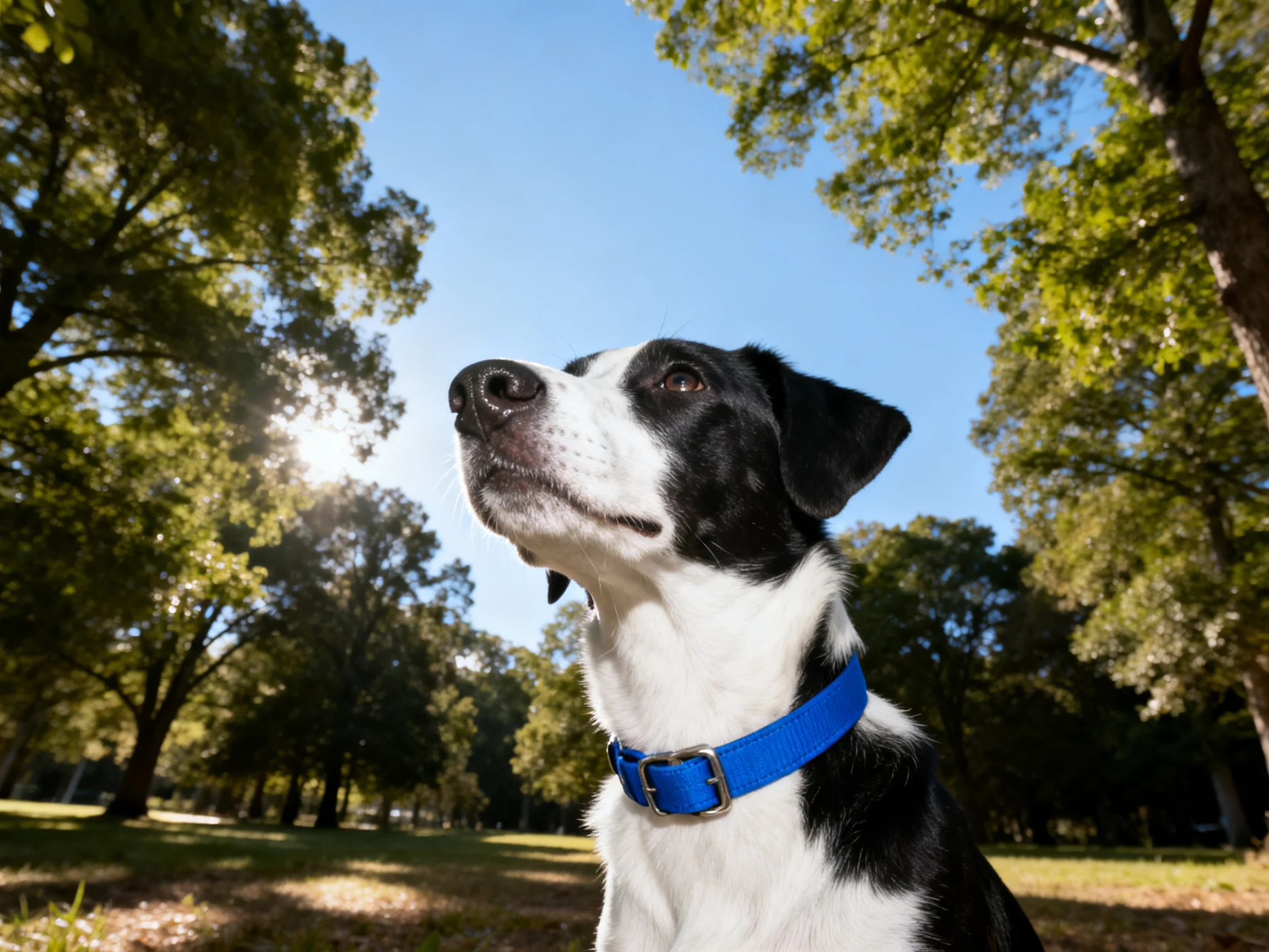 A black and white dog looks upward in a sun-dappled park.