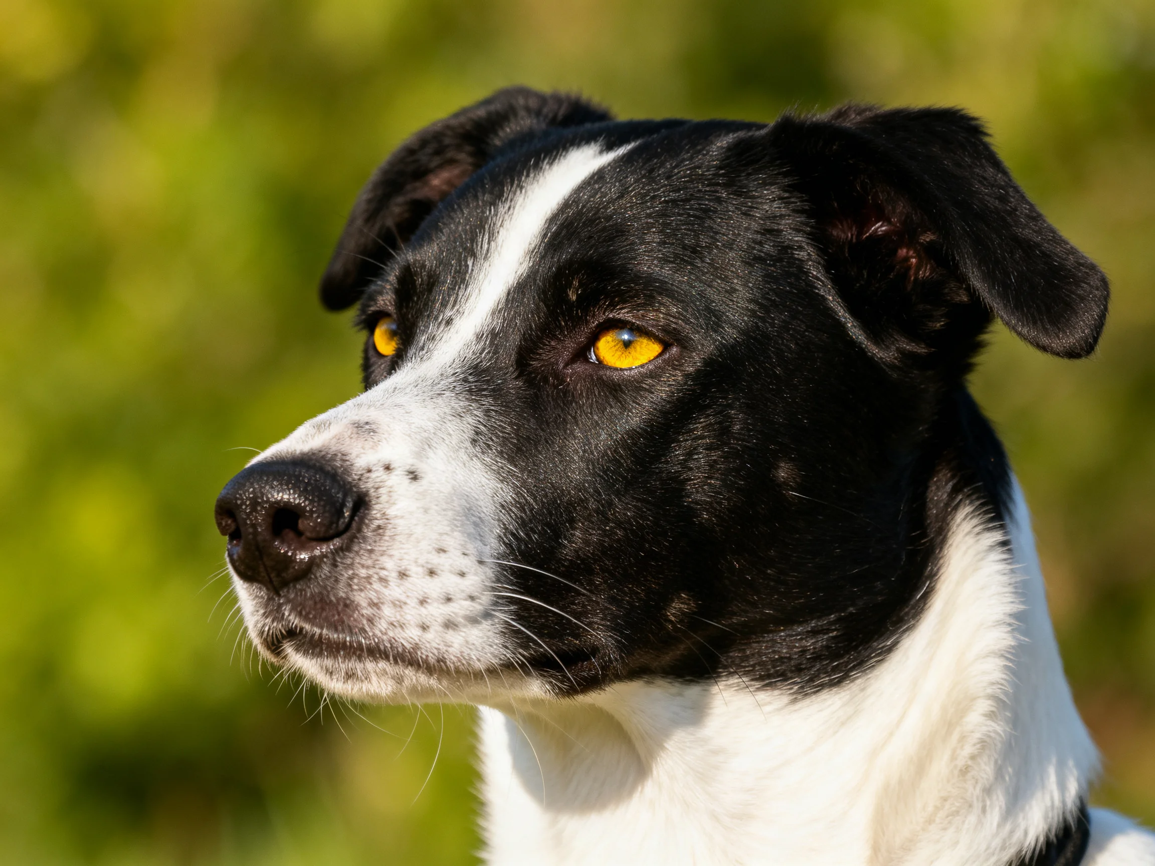 A black and white dog with yellow eyes is shown in a sunlit outdoor scene.