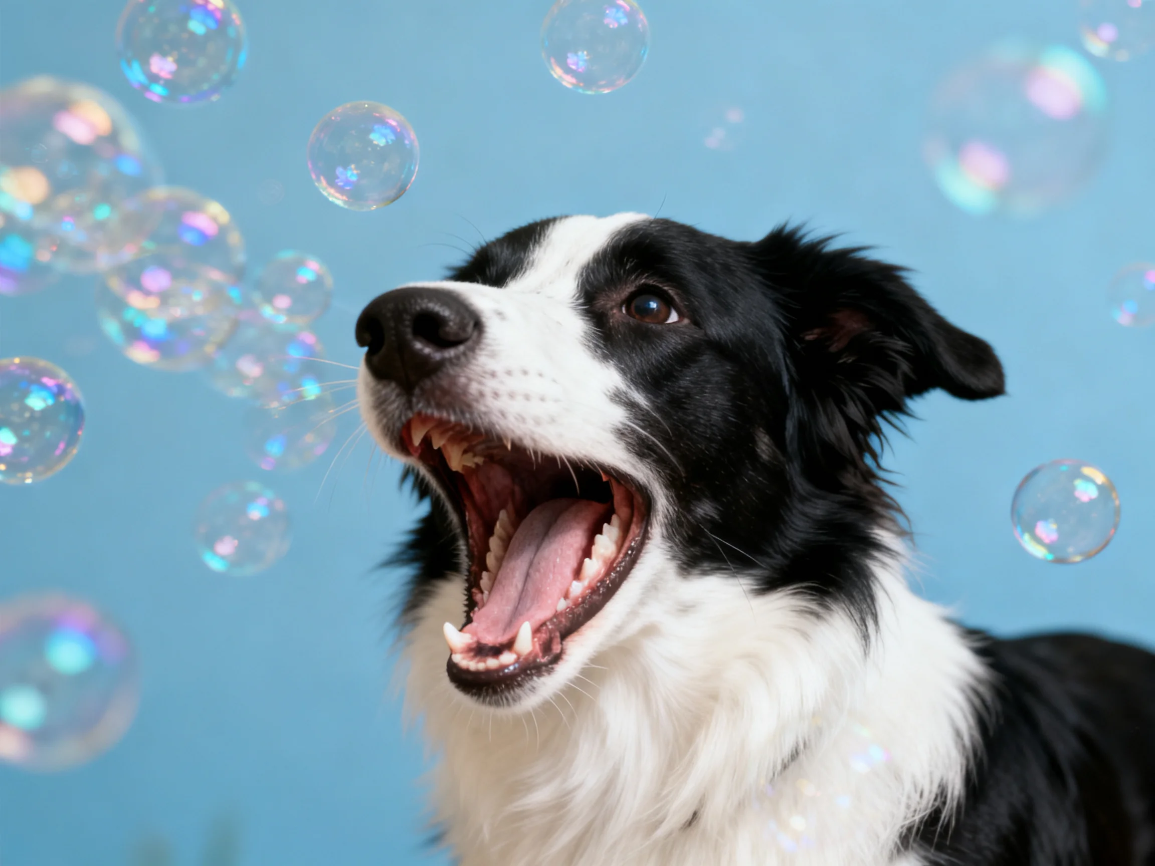 A black and white dog looks up toward floating soap bubbles.