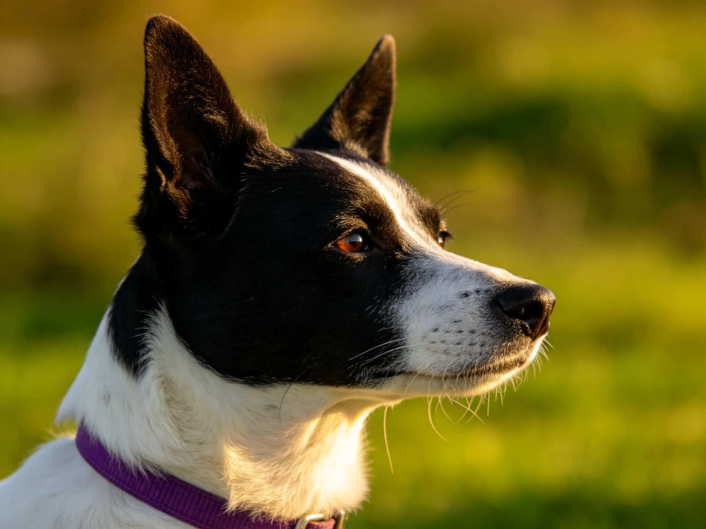 A black-and-white dog with a purple collar stands outdoors amid greenery.