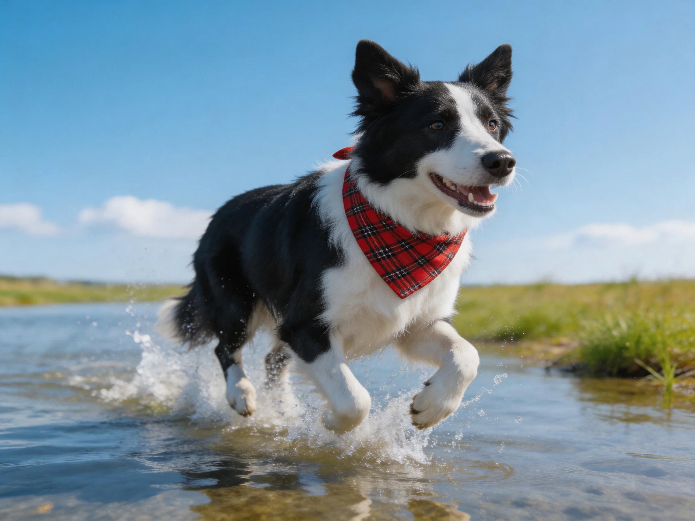 A black-and-white dog with a red bandana runs through shallow water.