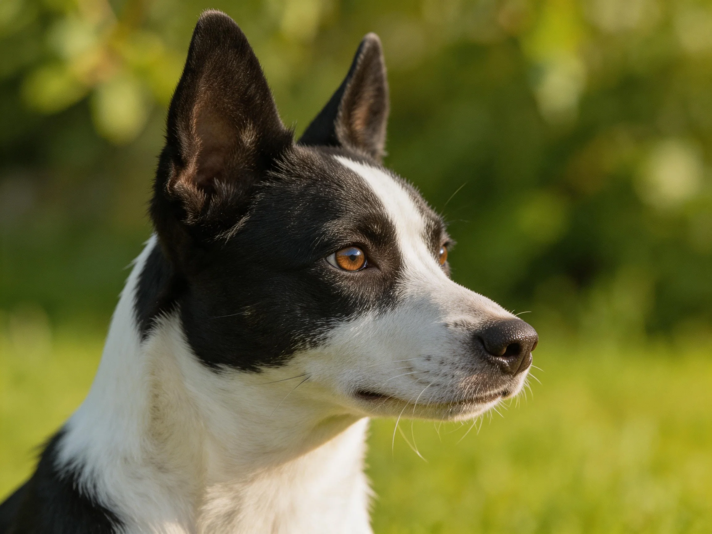 Black and white dog with upright ears in a sunny outdoor setting