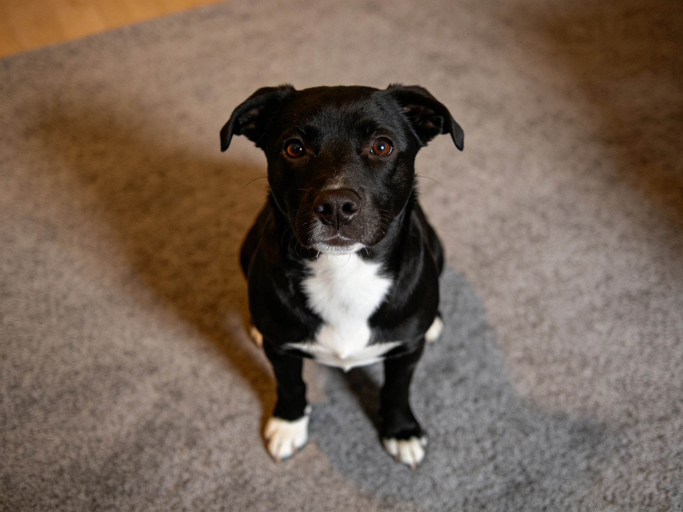 Black and white dog with white chest sits on gray carpet, looking up