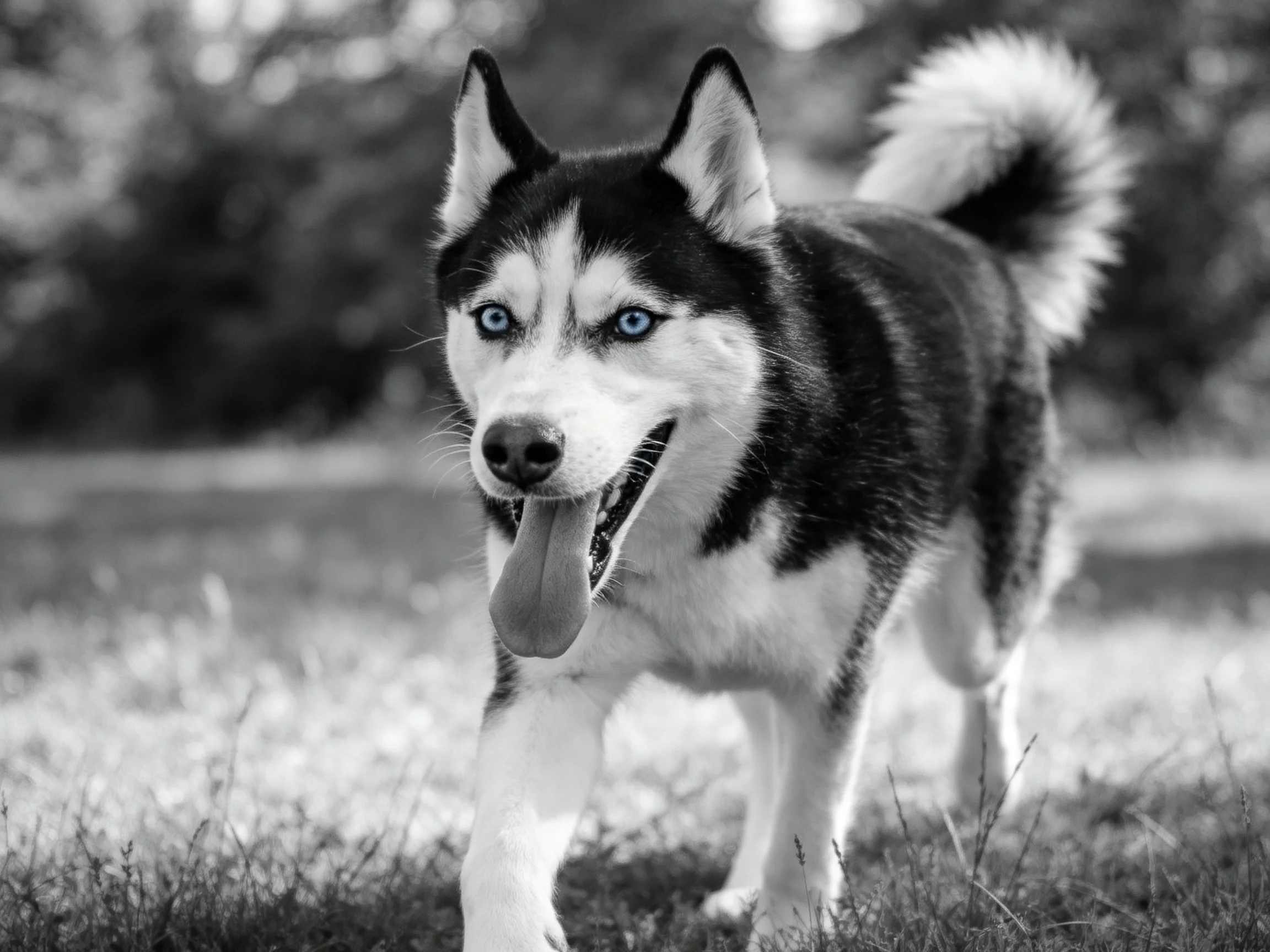 Black-and-white photo of a playful Siberian Husky outdoors
