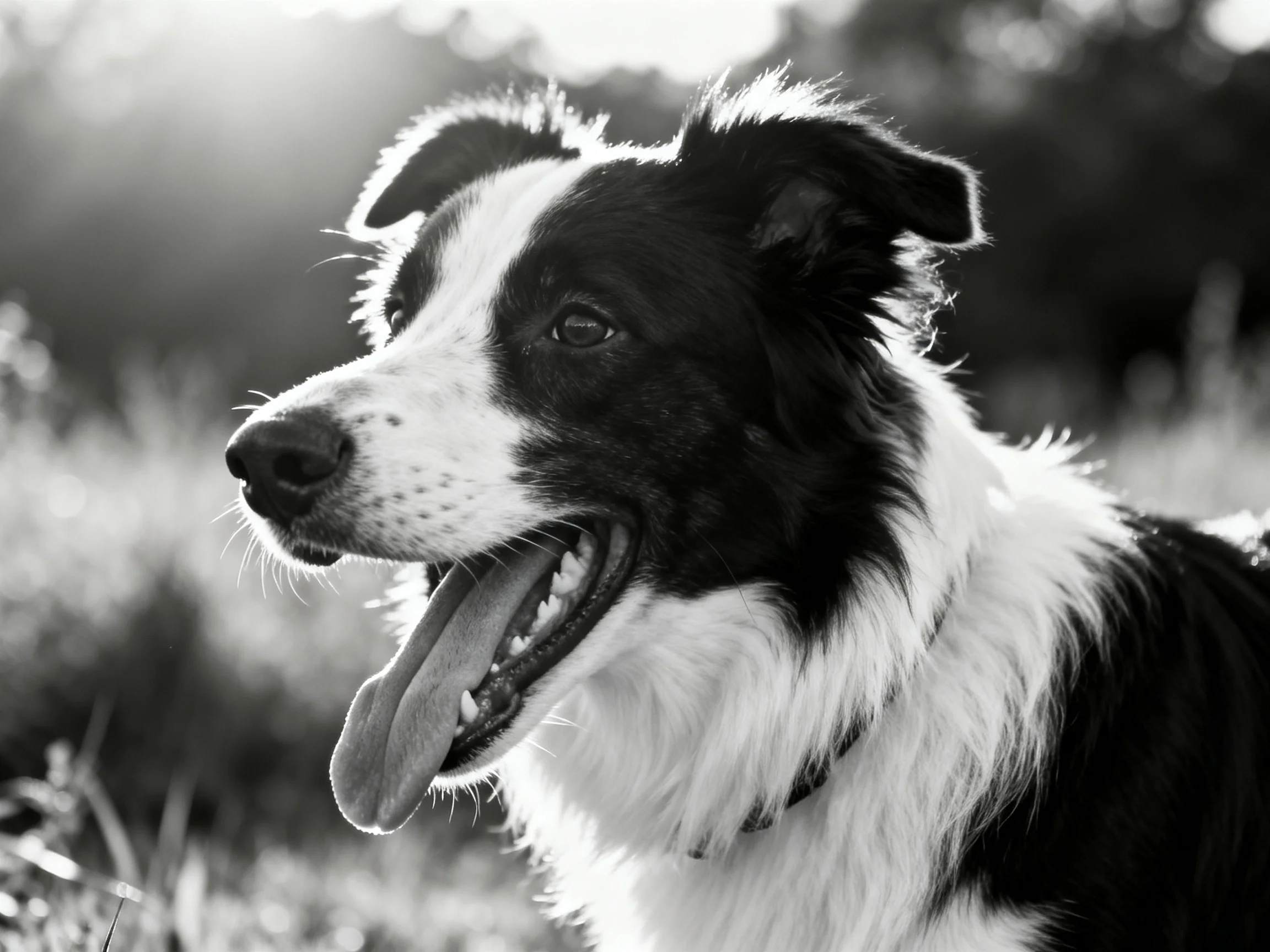 A black-and-white photograph shows a cheerful Border Collie in an outdoor scene.