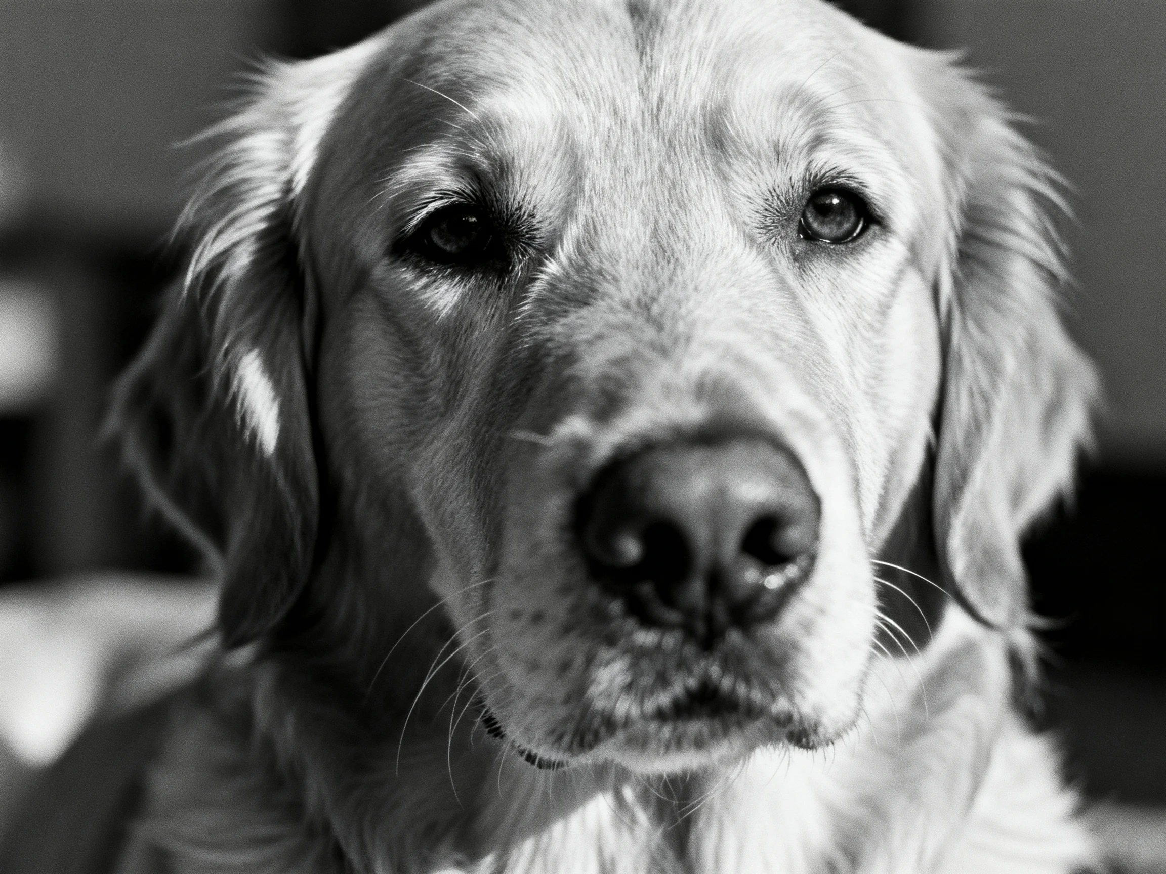 A monochromatic image focuses on a golden retriever’s calm expression.