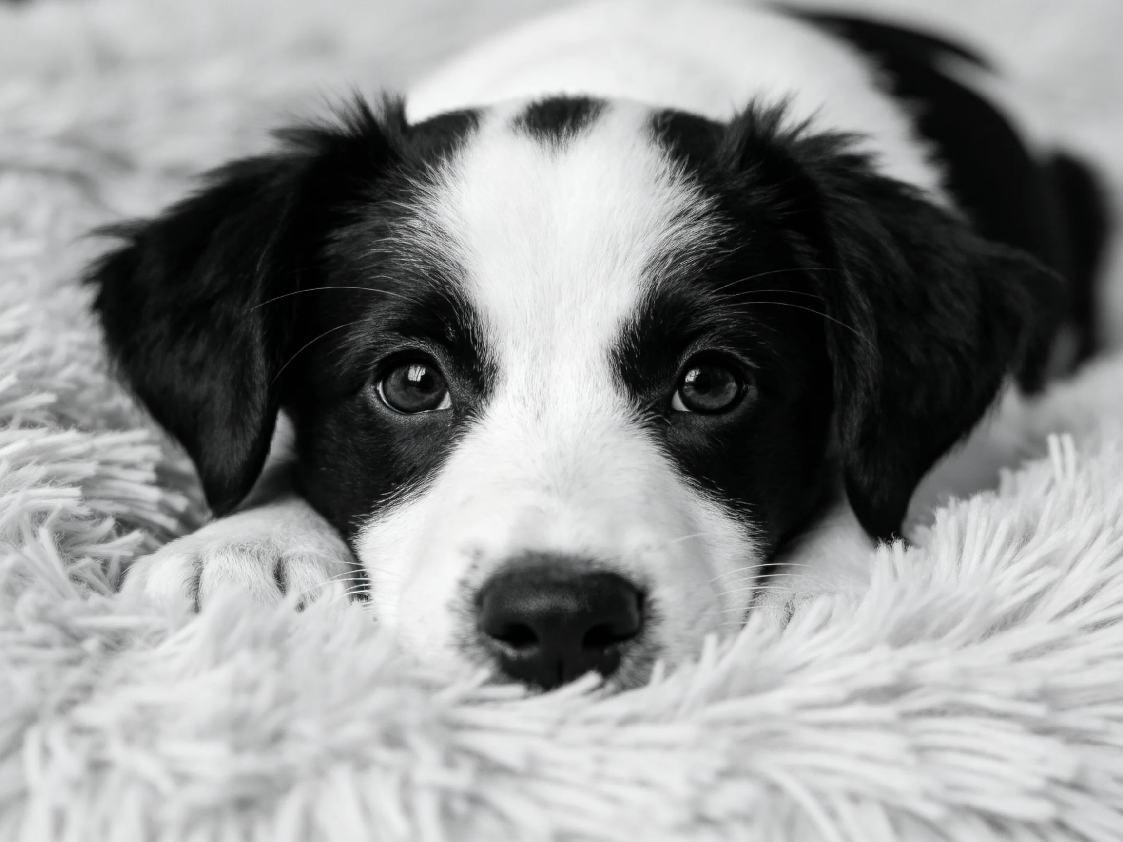 A black and white puppy lies calmly on a soft blanket.