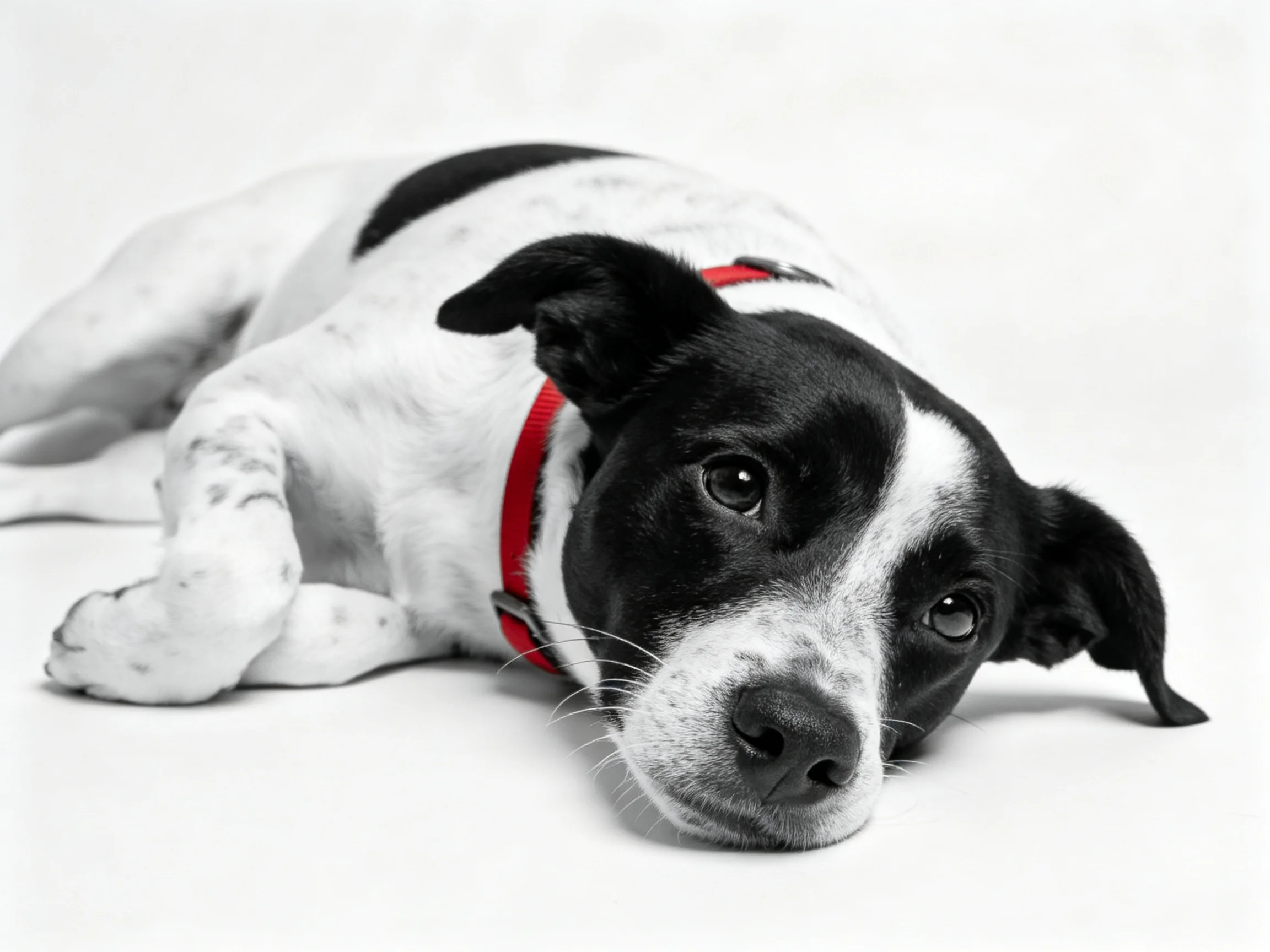 A black and white dog with a red collar rests on a white surface.