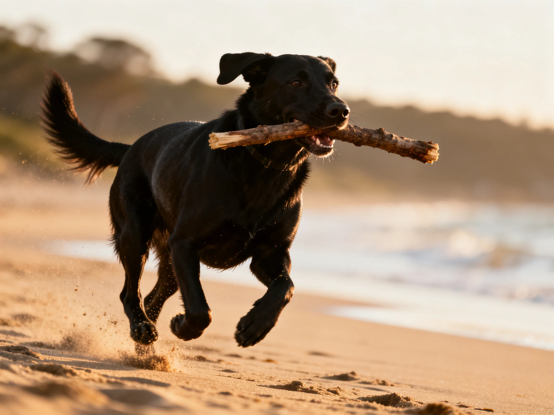 Black dog sprinting on sandy beach with large wooden stick