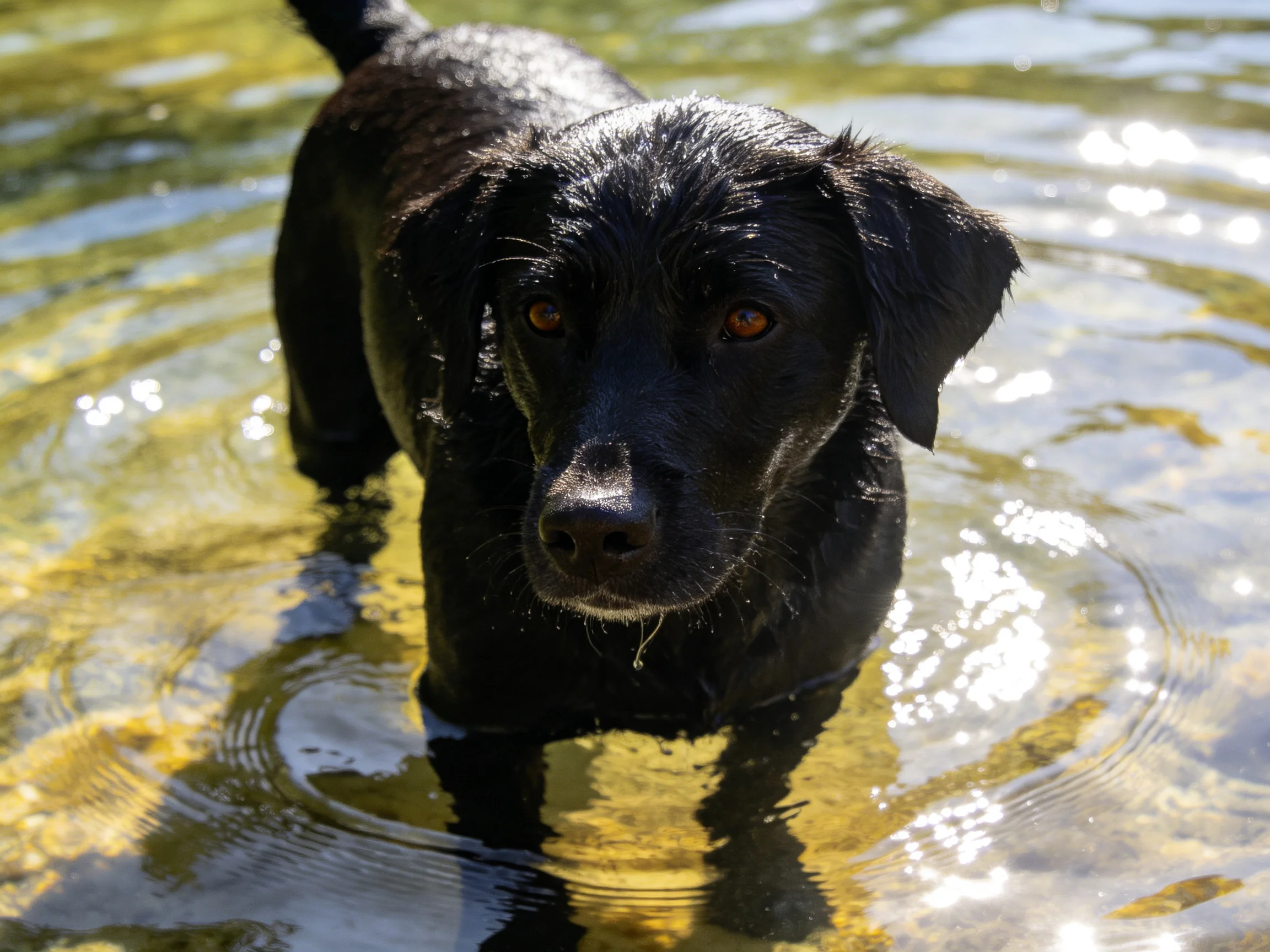 Black dog standing in shallow, sunlit water with rippling reflections