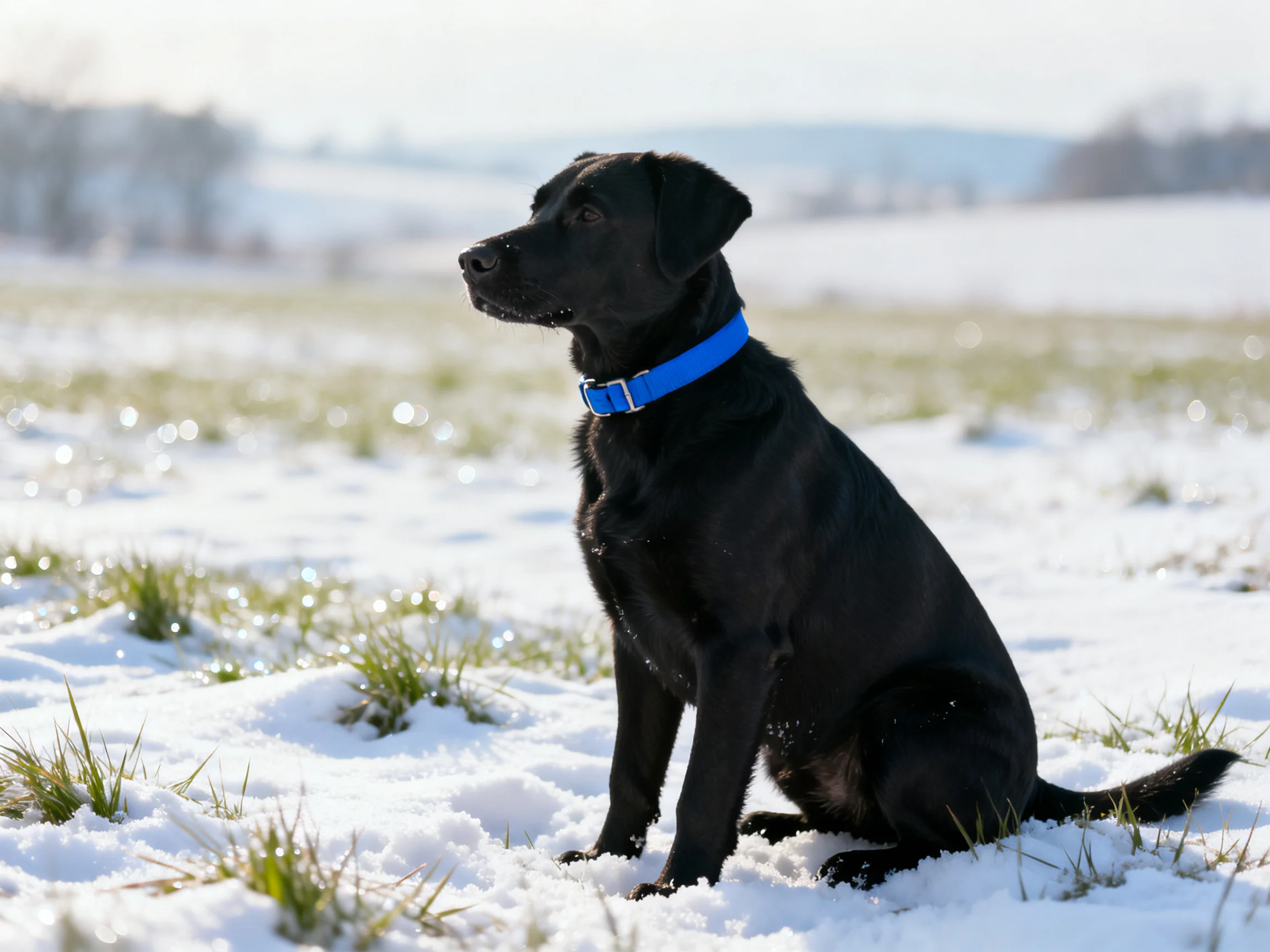 Black dog with blue collar in snowy field with grass